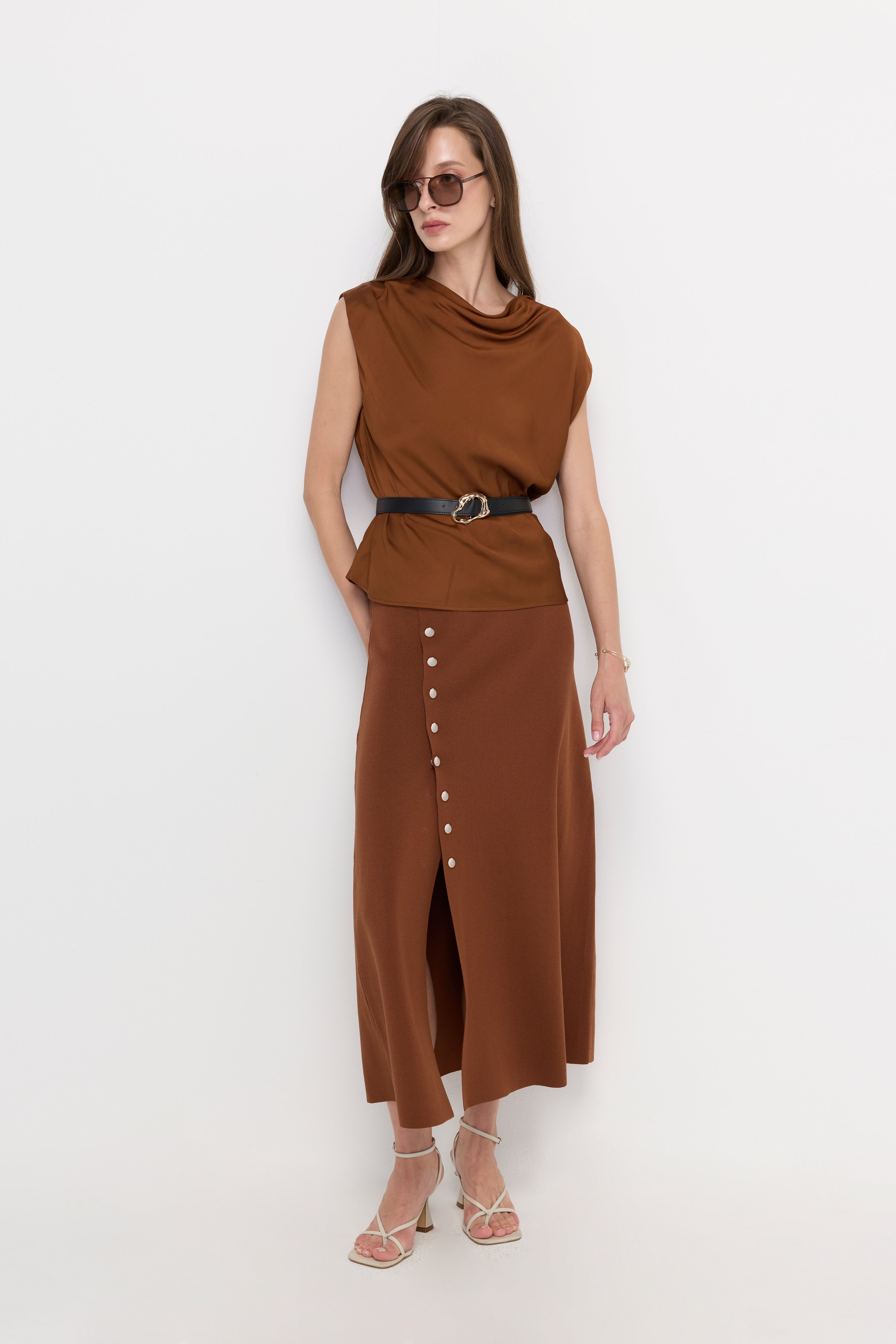 Draped Satin Belted Blouse Brown