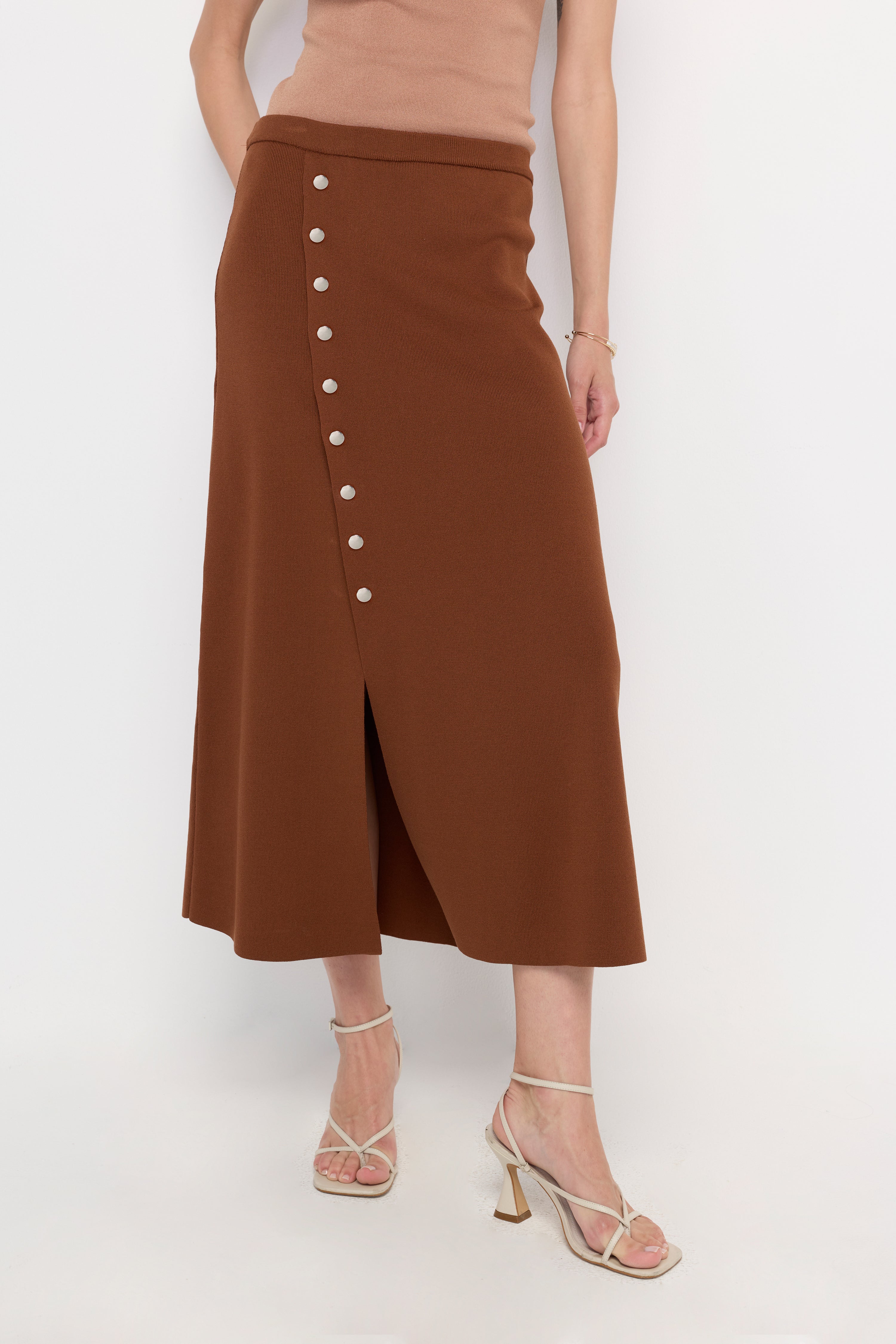 Snap Button Wrap Midi Skirt Brown