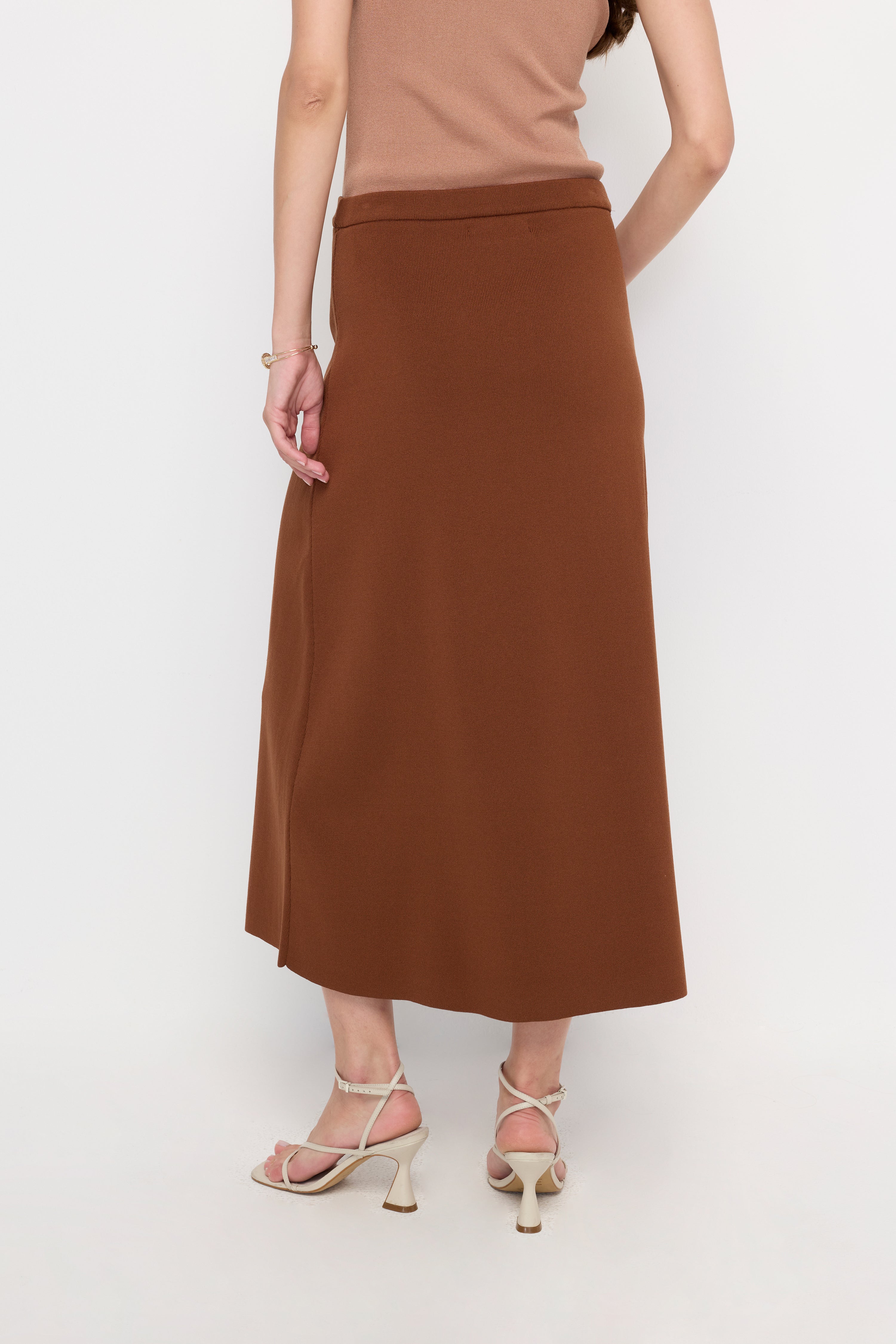 Snap Button Wrap Midi Skirt Brown