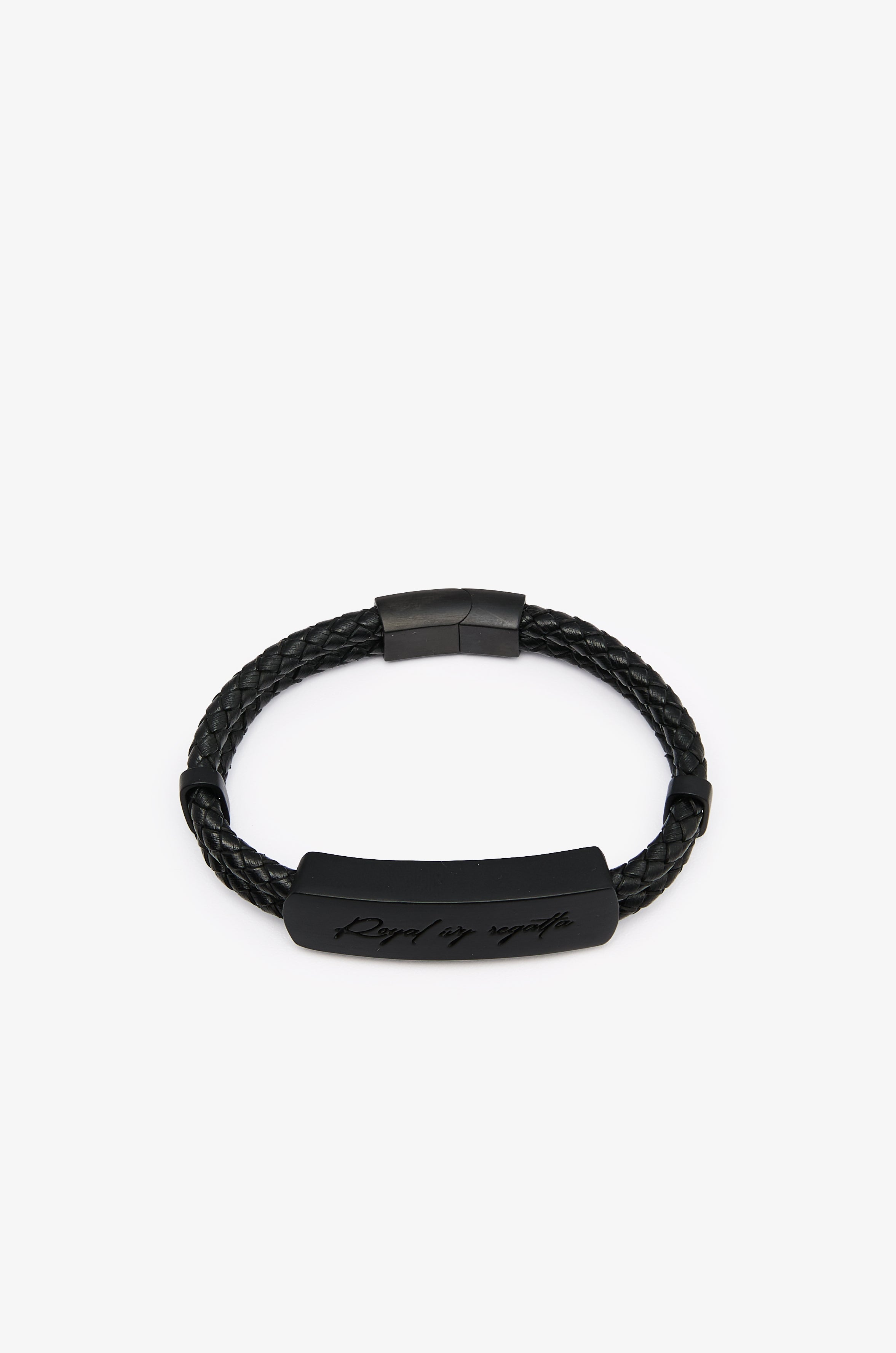 Braided Leather Logo Plaque Bracelet Black