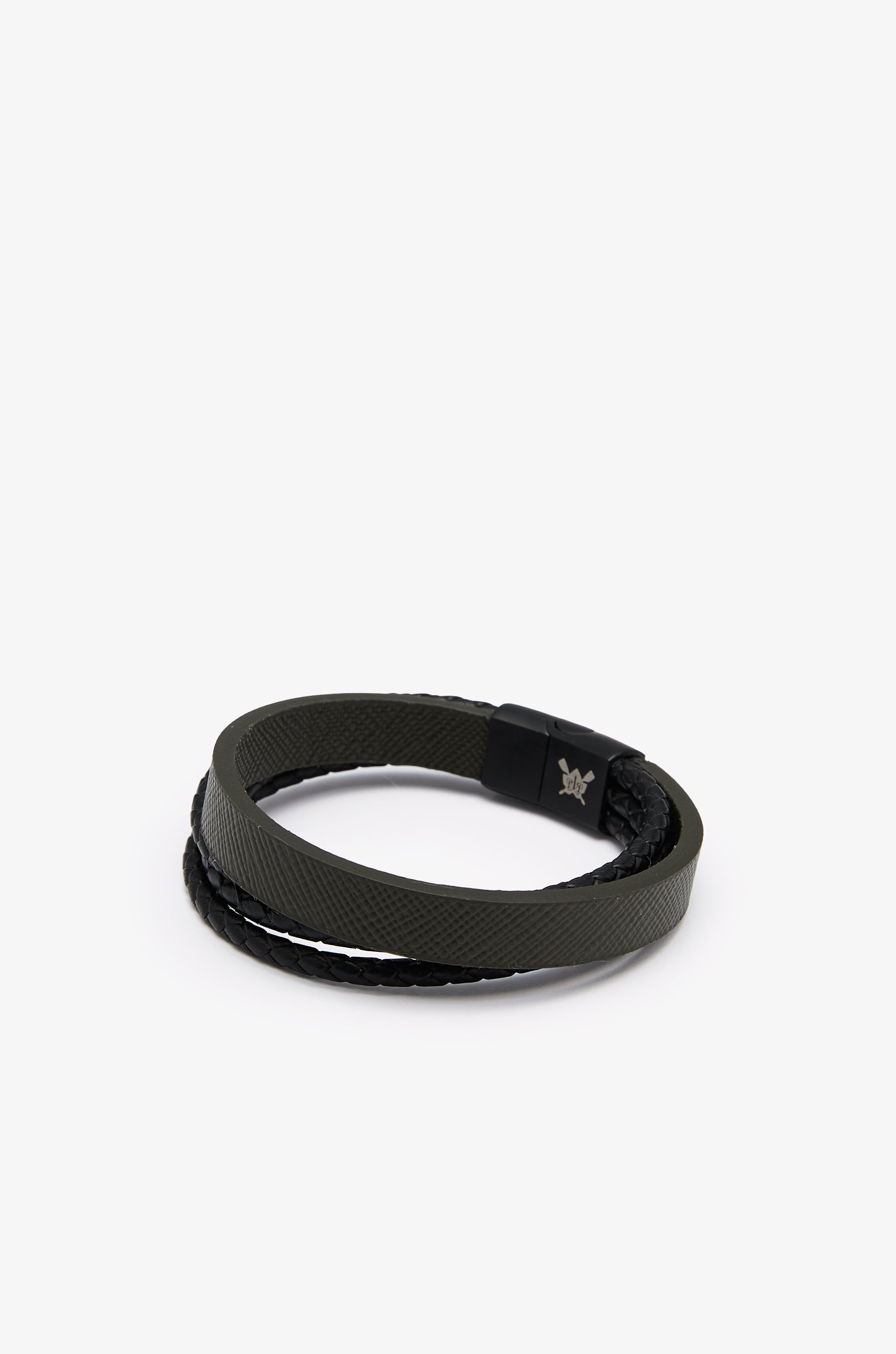 Braided Saffiano Leather Logo Bracelet Dark Green