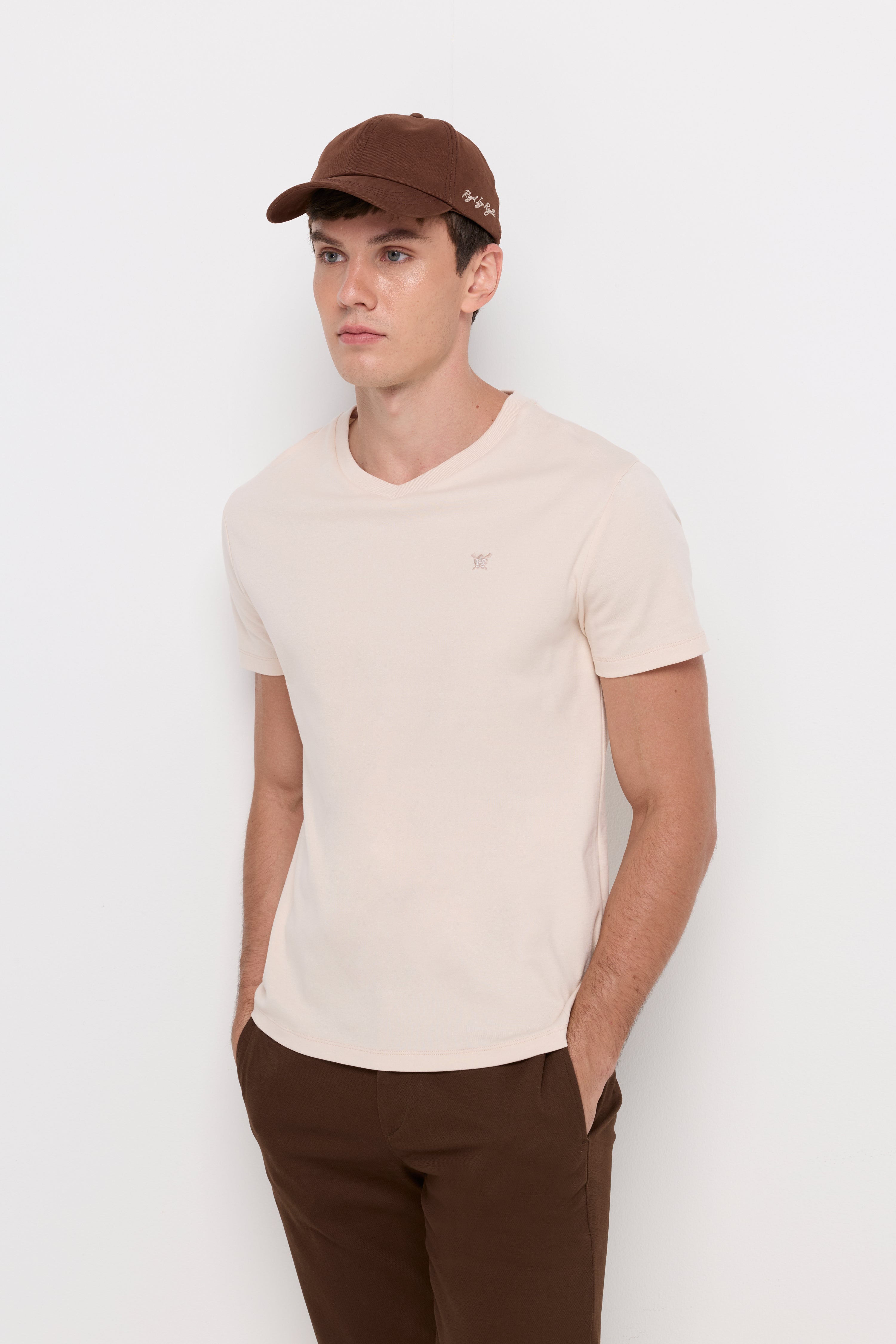V Neck T-Shirt Cotton Jersey Beige