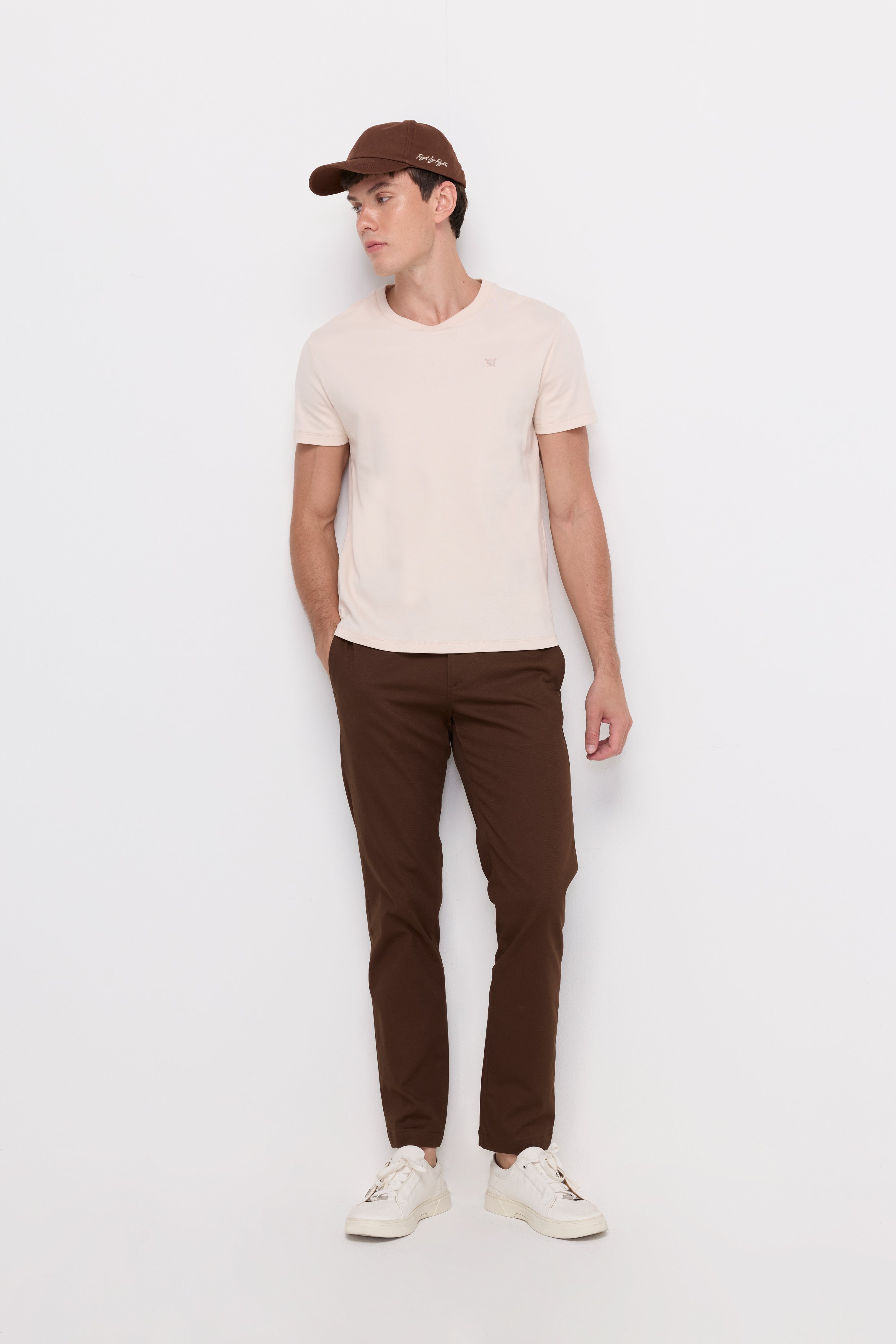 V Neck T-Shirt Cotton Jersey Beige