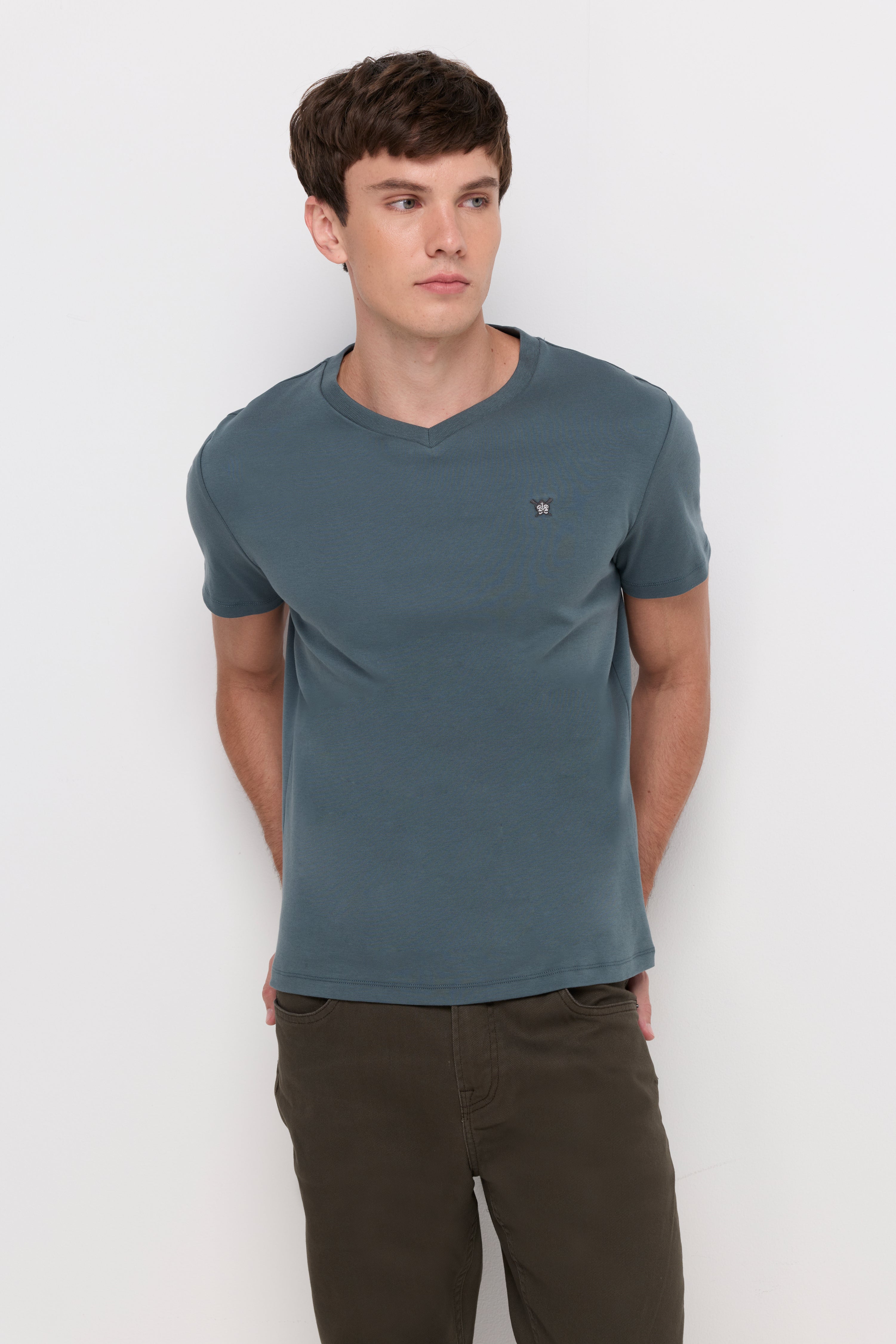 V Neck T-Shirt Cotton Jersey Dark Green