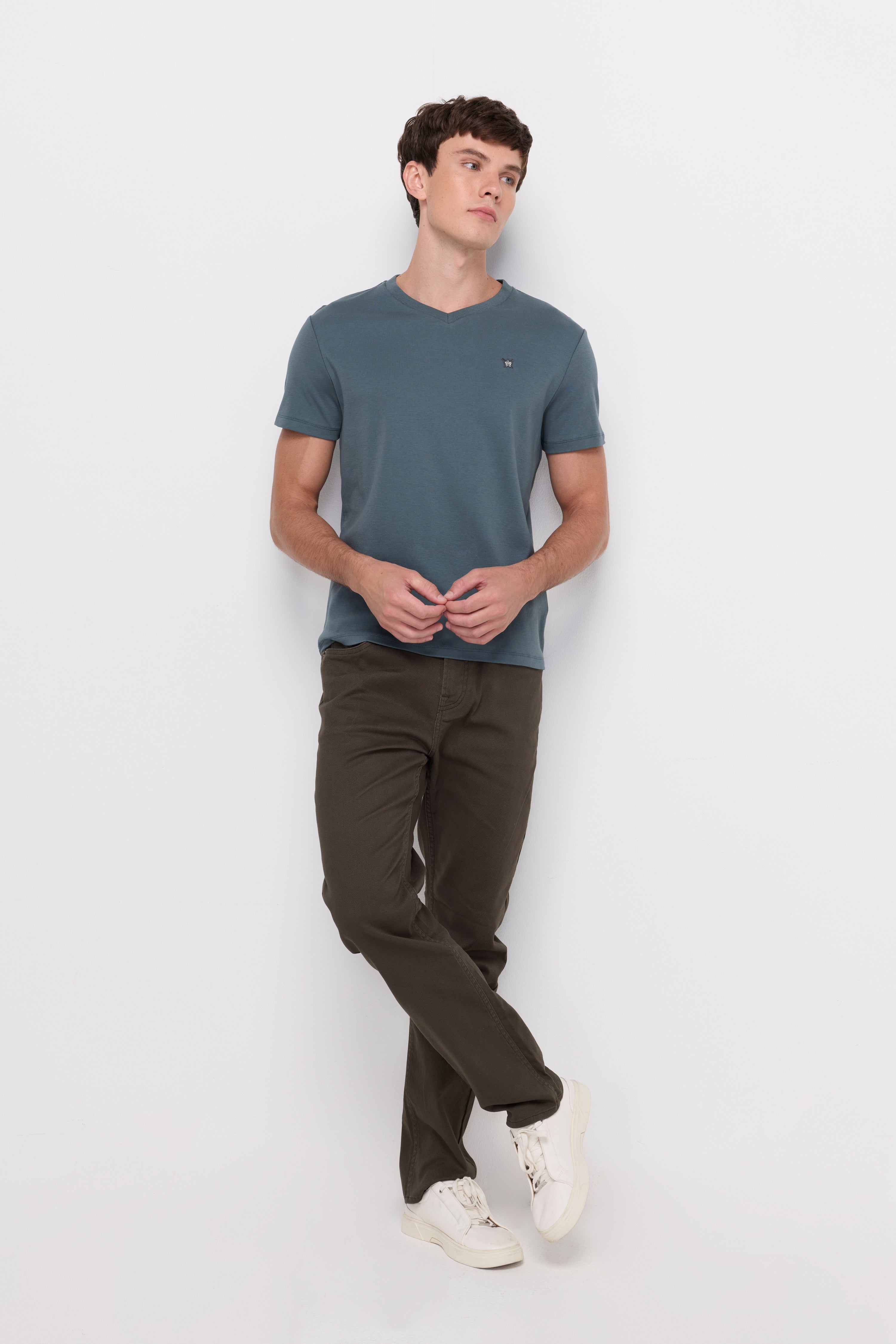 V Neck T-Shirt Cotton Jersey Dark Green