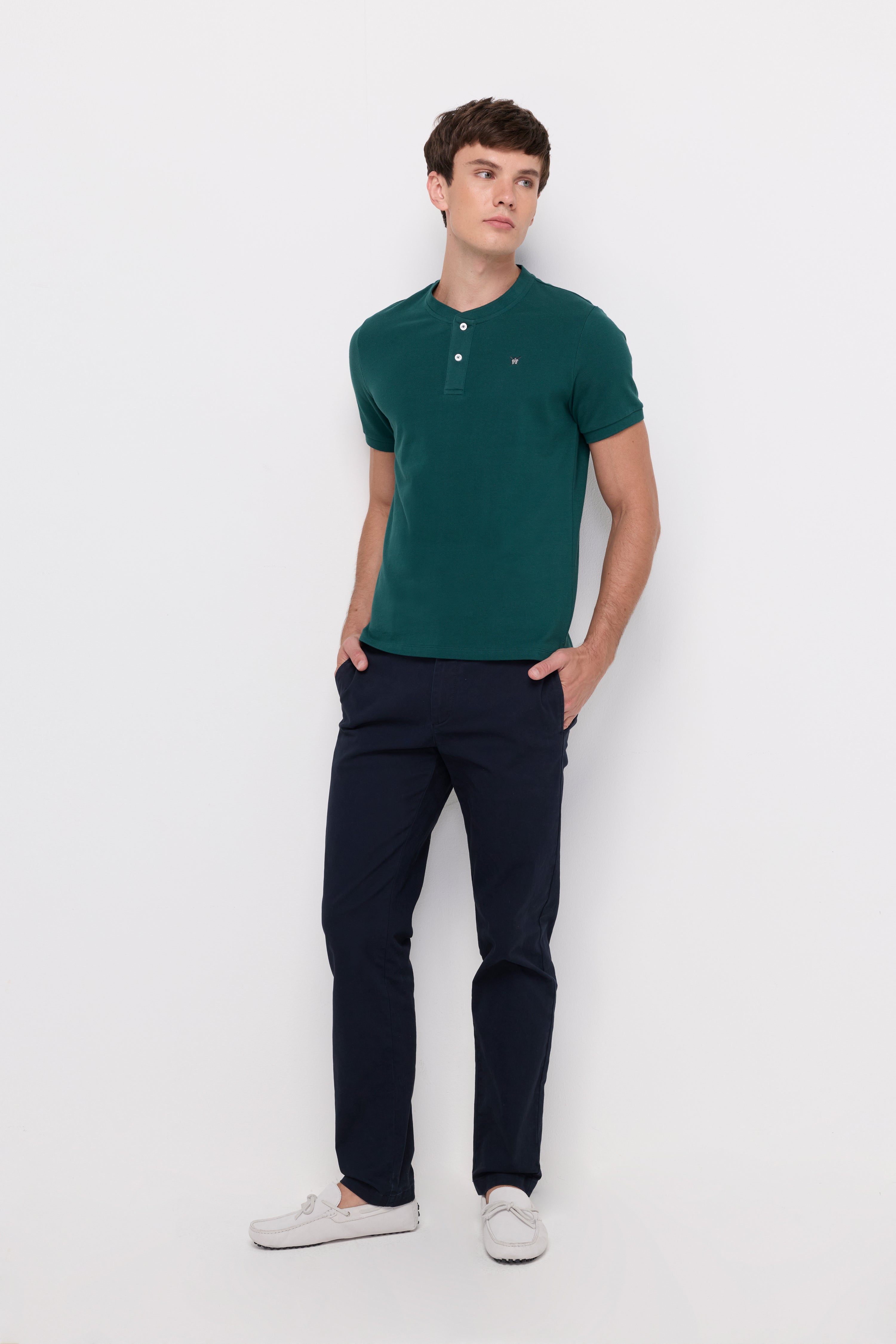 Textured Henley Knit T-Shirt Dark Green