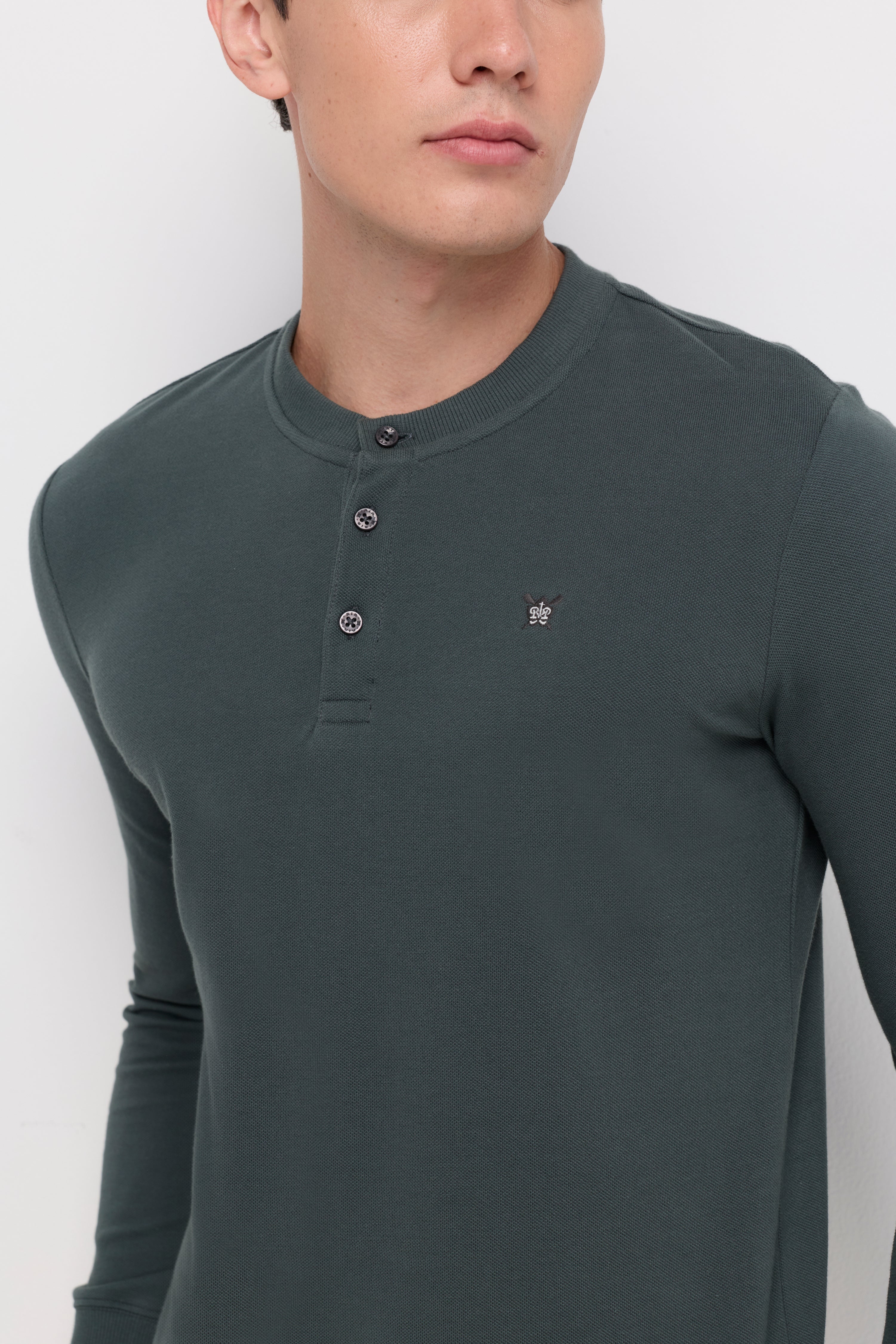 Pique Long Sleeve Round Neck T-Shirt Dark Green