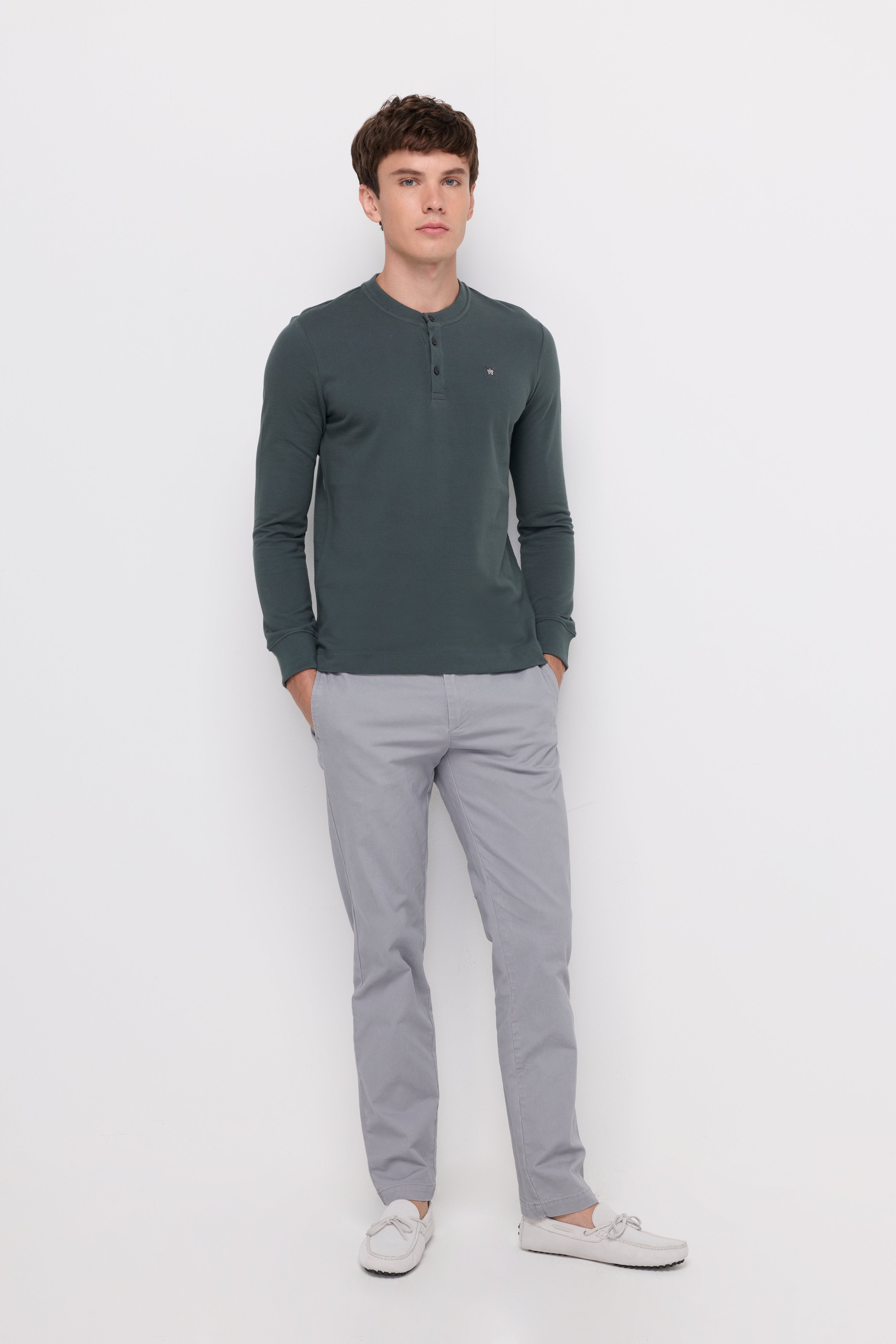 Pique Long Sleeve Round Neck T-Shirt Dark Green