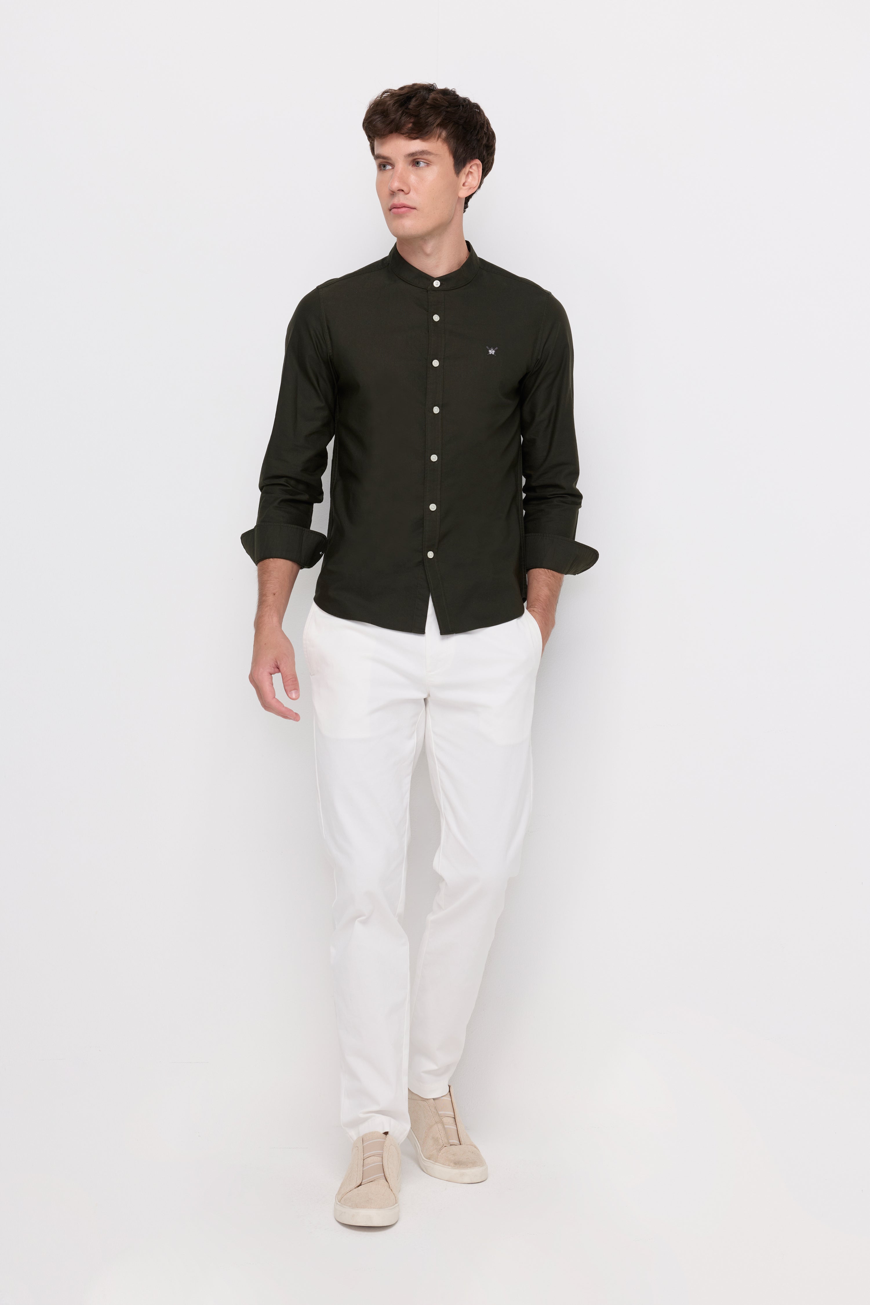 Long Sleeve Shirt Chinese Collar Dark Green