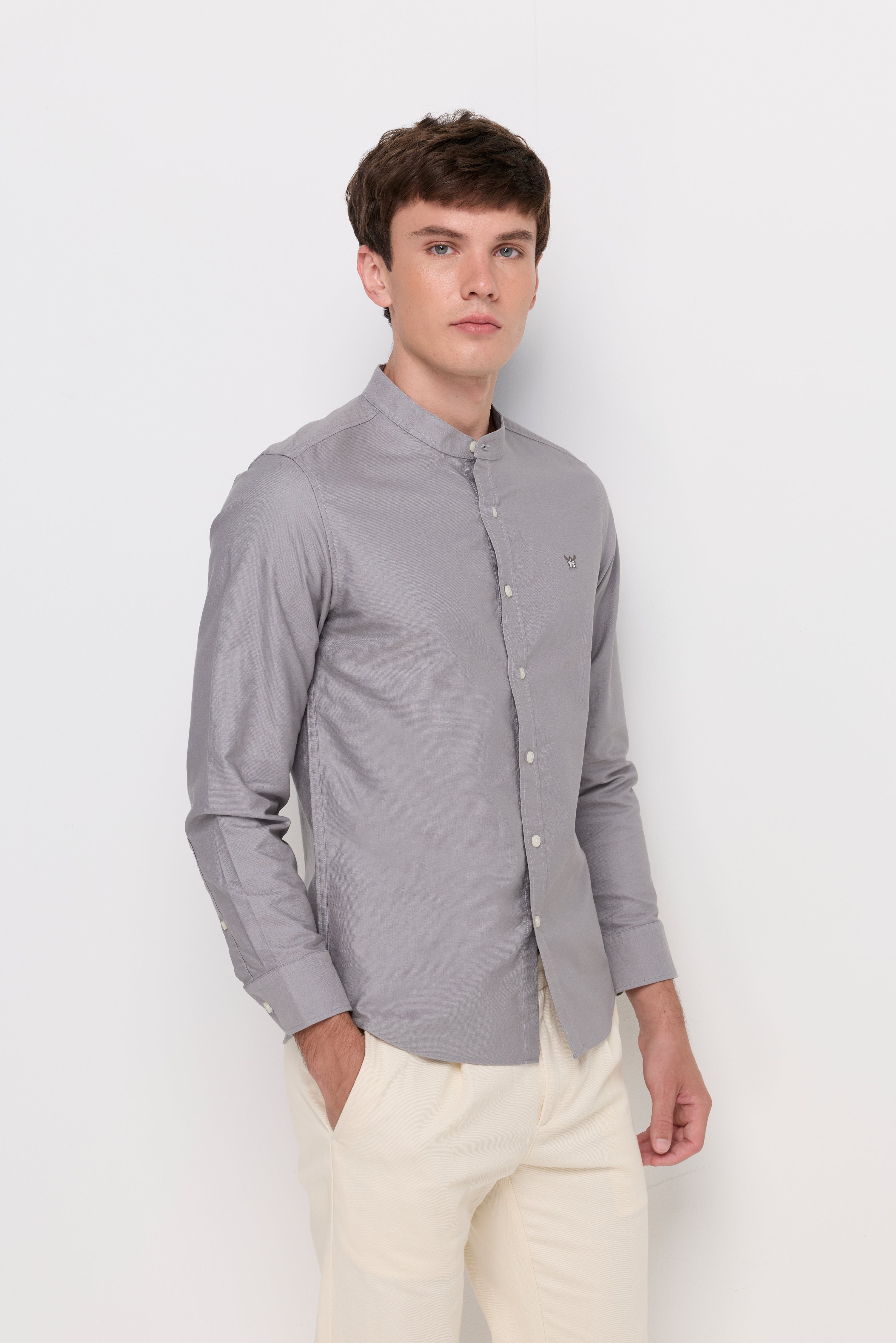 Long Sleeve Shirt Chinese Collar Light Grey