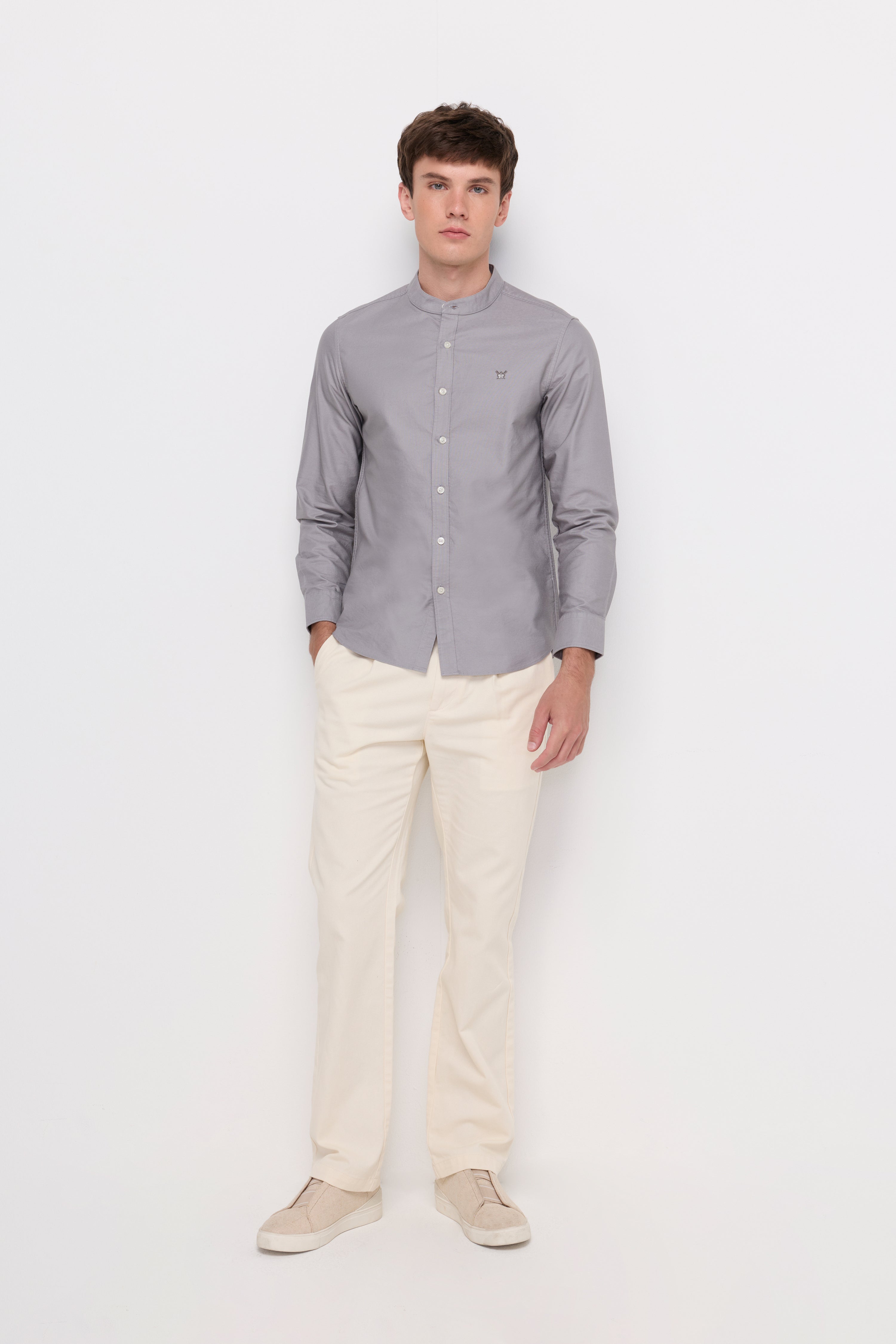 Long Sleeve Shirt Chinese Collar Light Grey