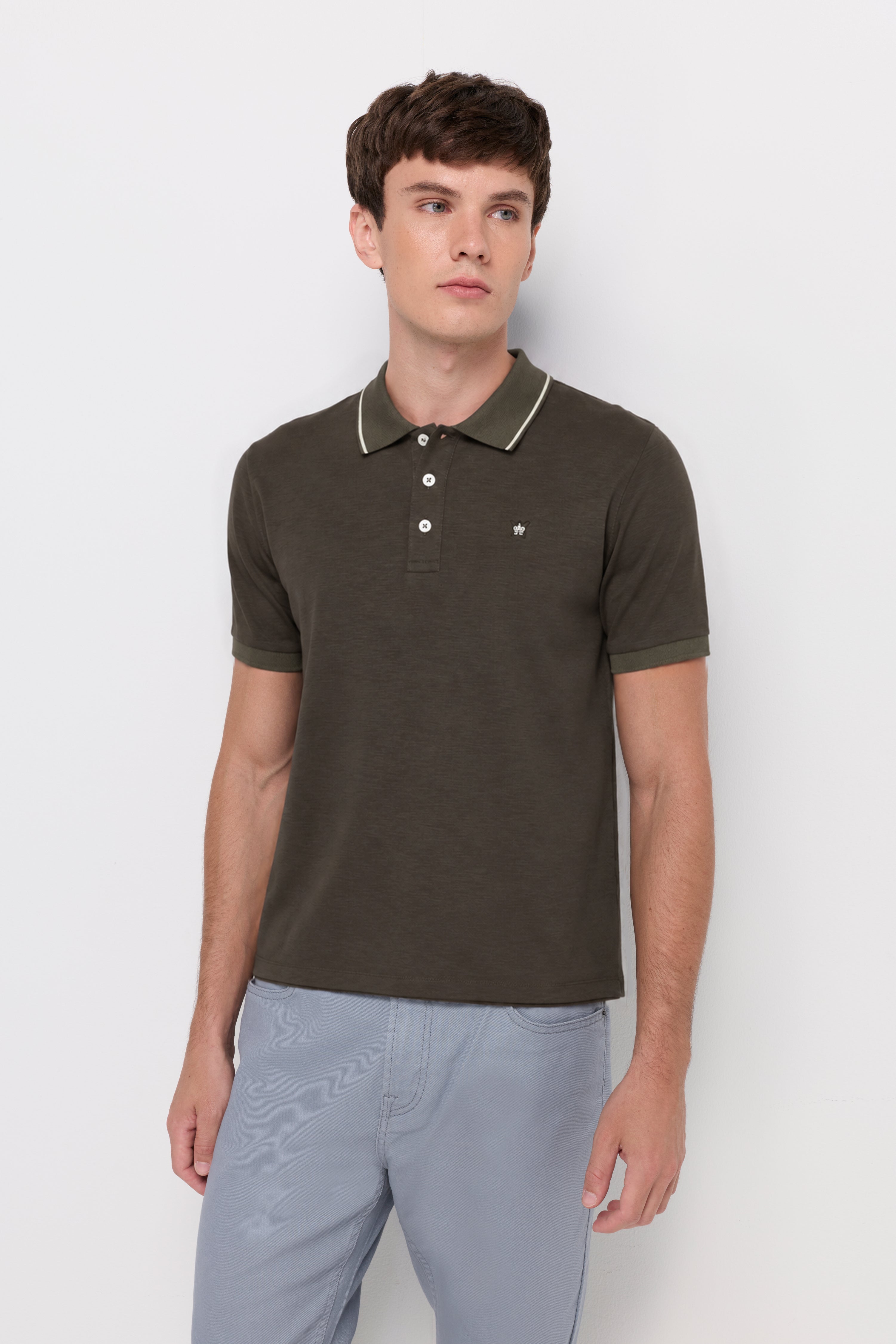 Textured Melange Polo Shirt Top Dyed Brown