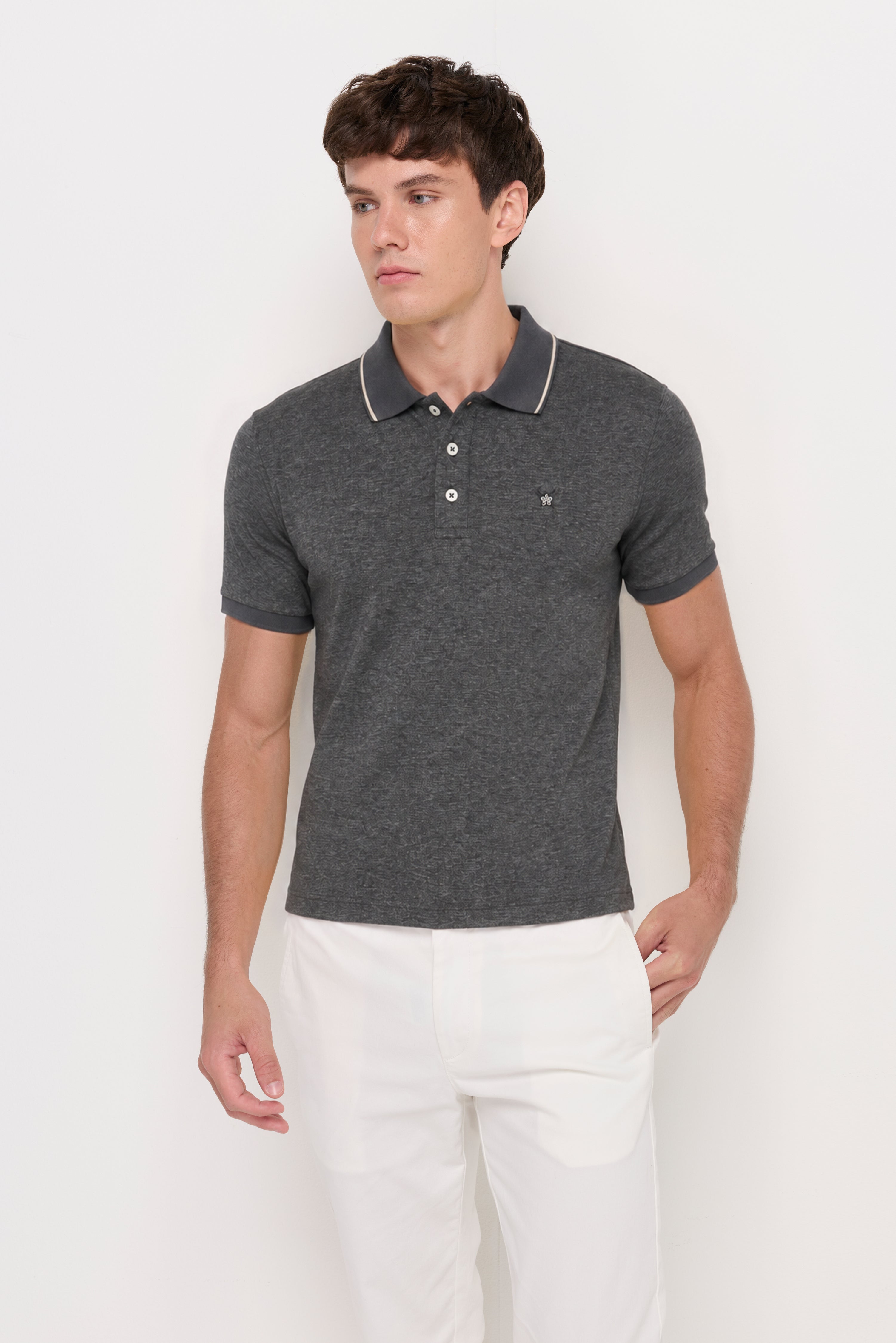Textured Melange Polo Shirt Dark Top Dyed Grey