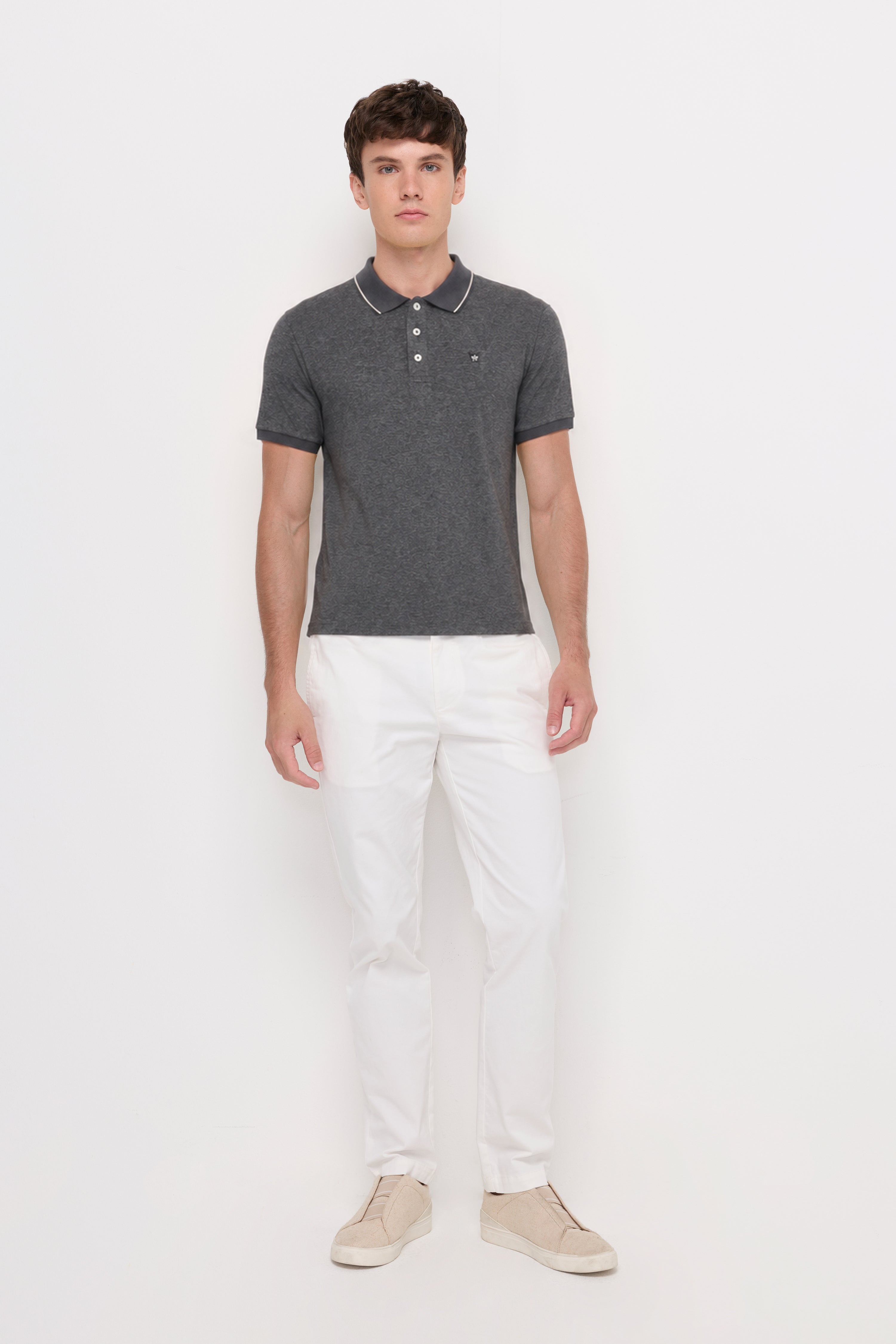 Textured Melange Polo Shirt Dark Top Dyed Grey
