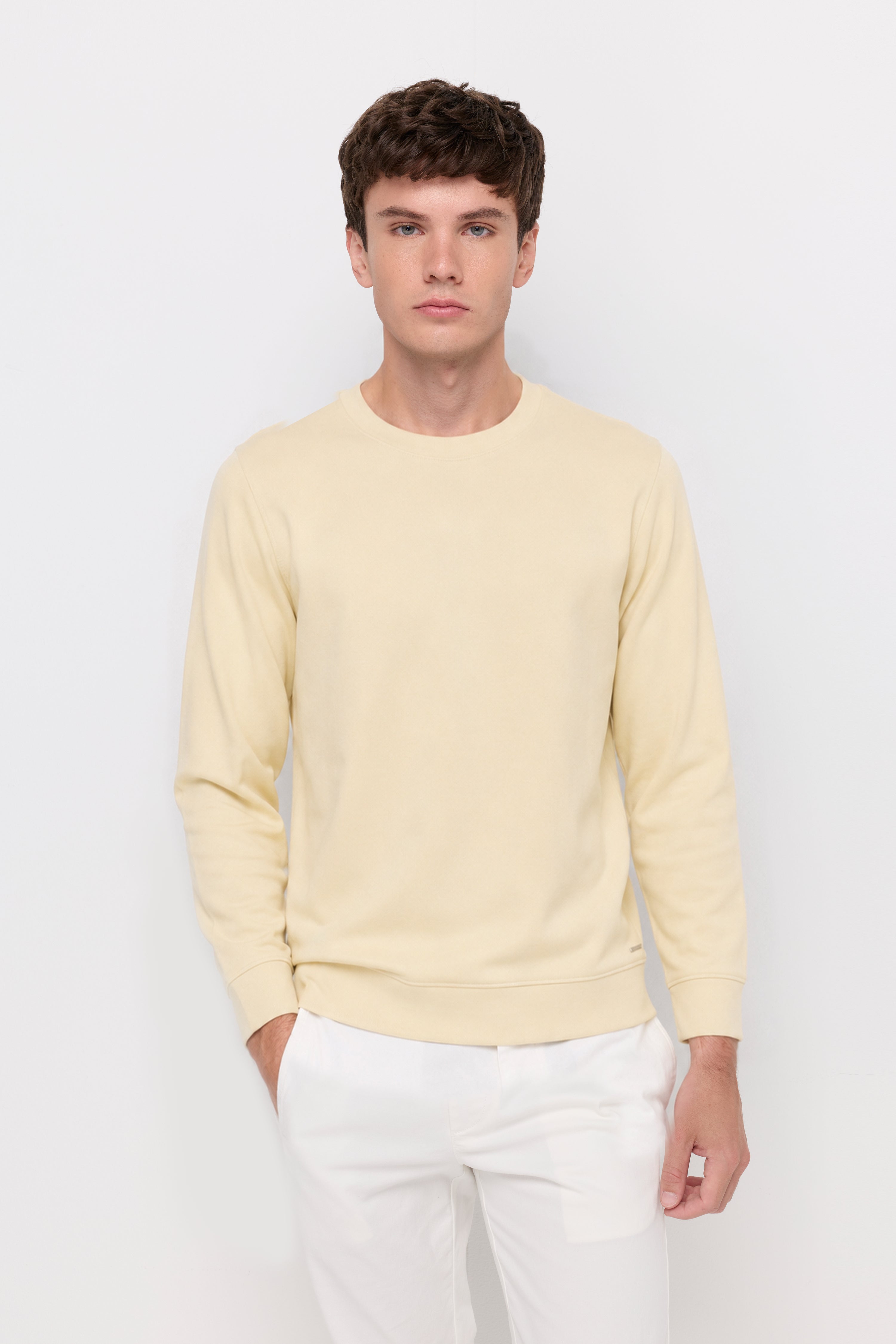 Ribbed Hem Crew Neck Pullover Yellow