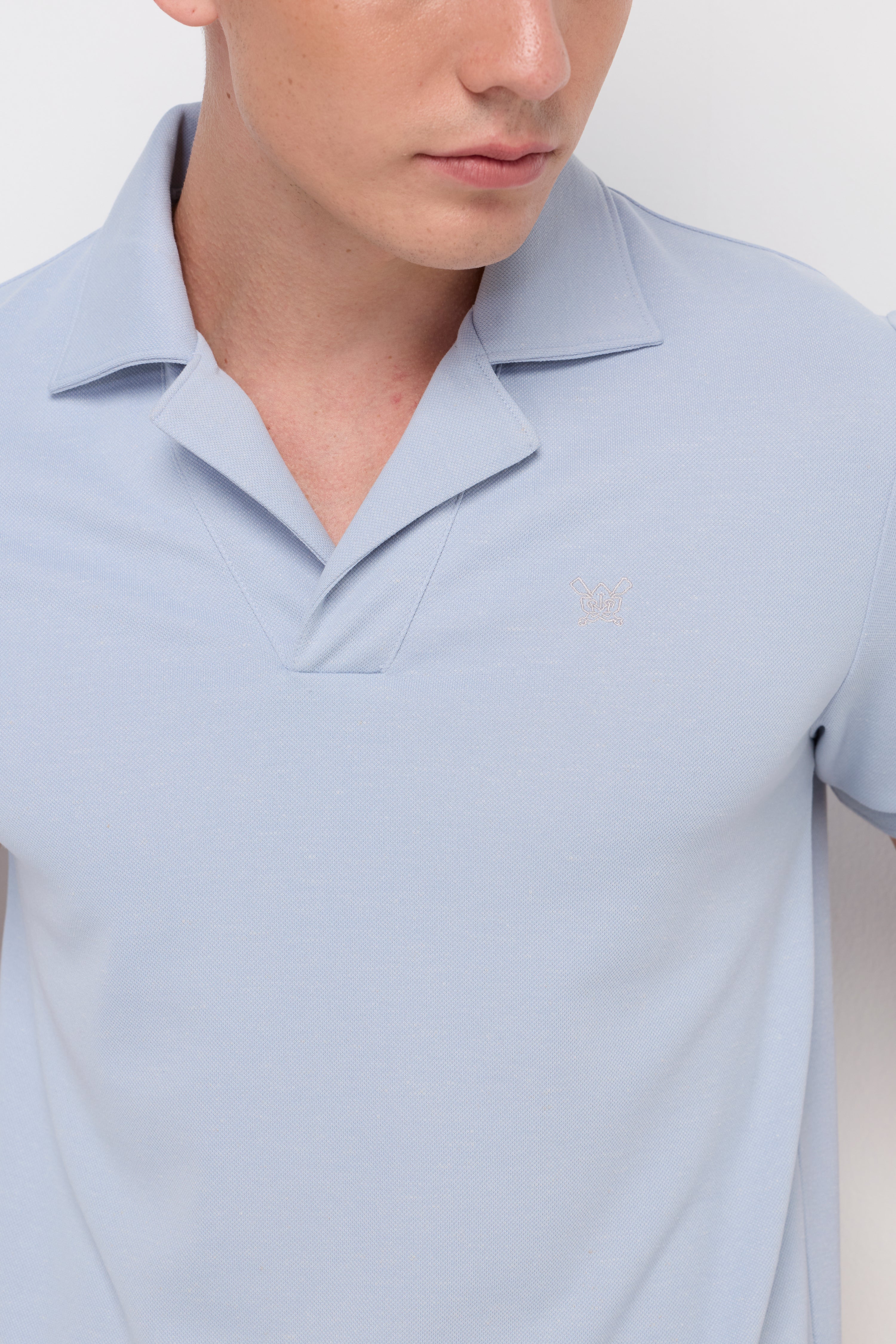 Textured Open Collar Polo Light Blue