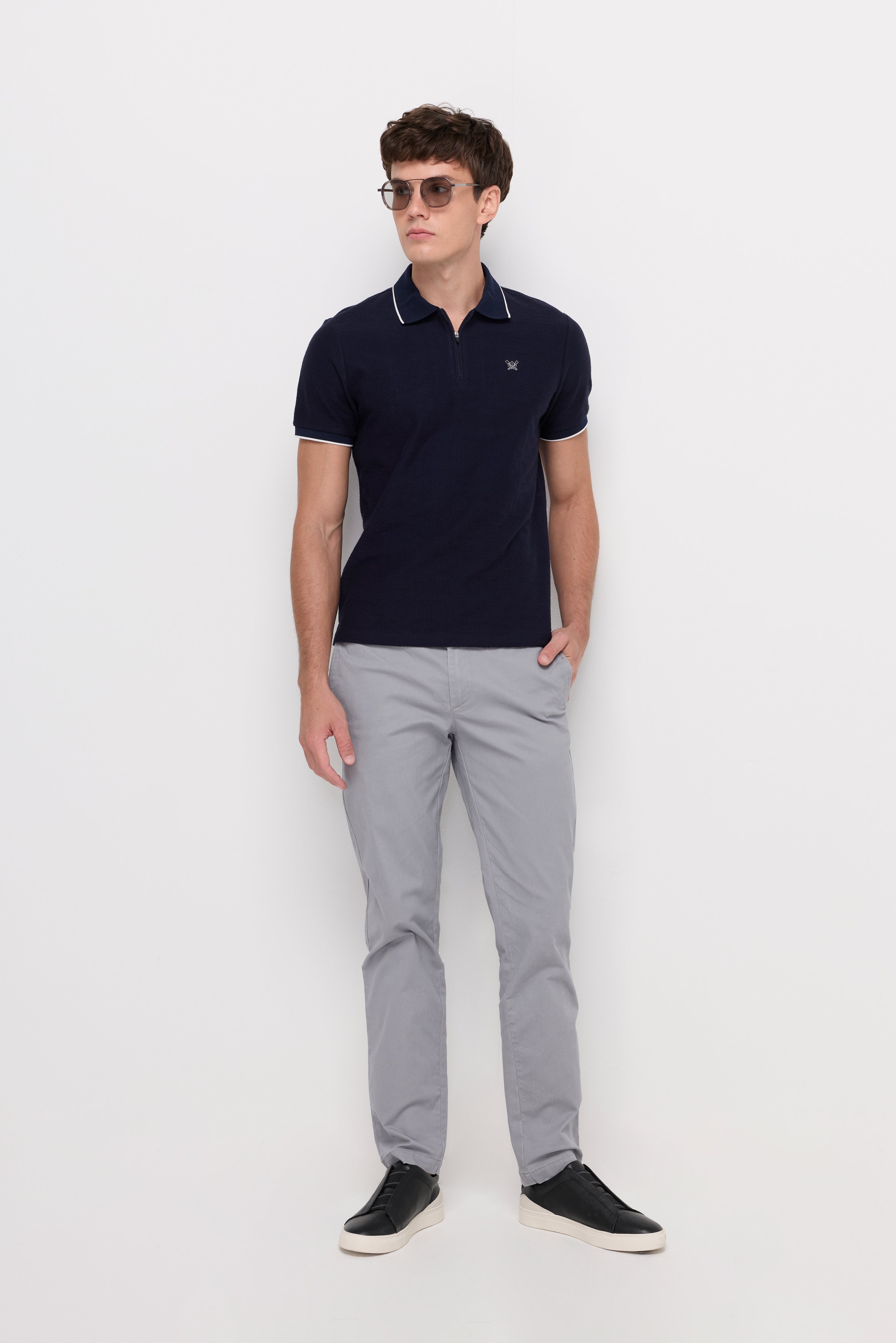 Contrast Trim Zip Polo Navy