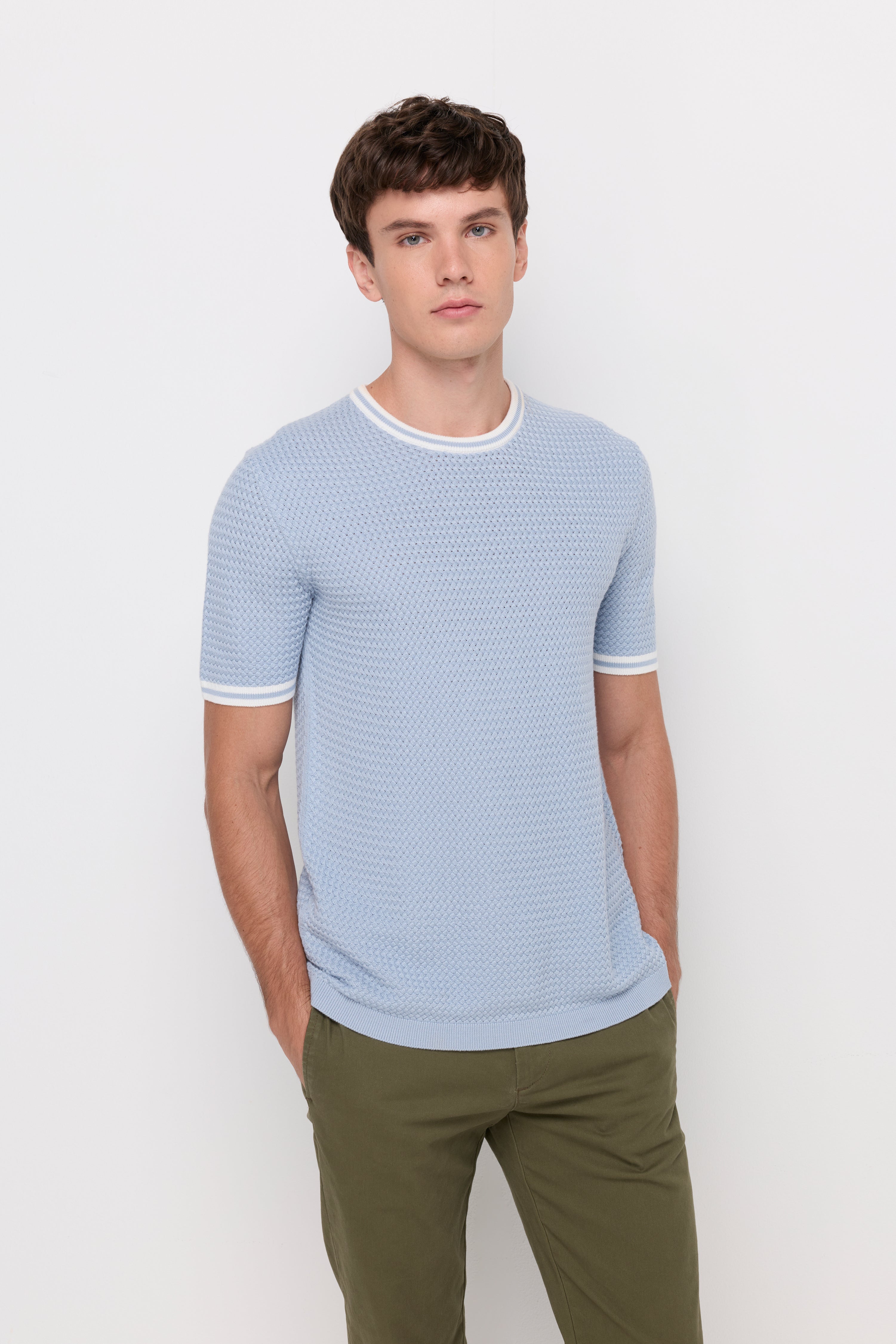Contrast Trim Textured Knit T-Shirt Blue