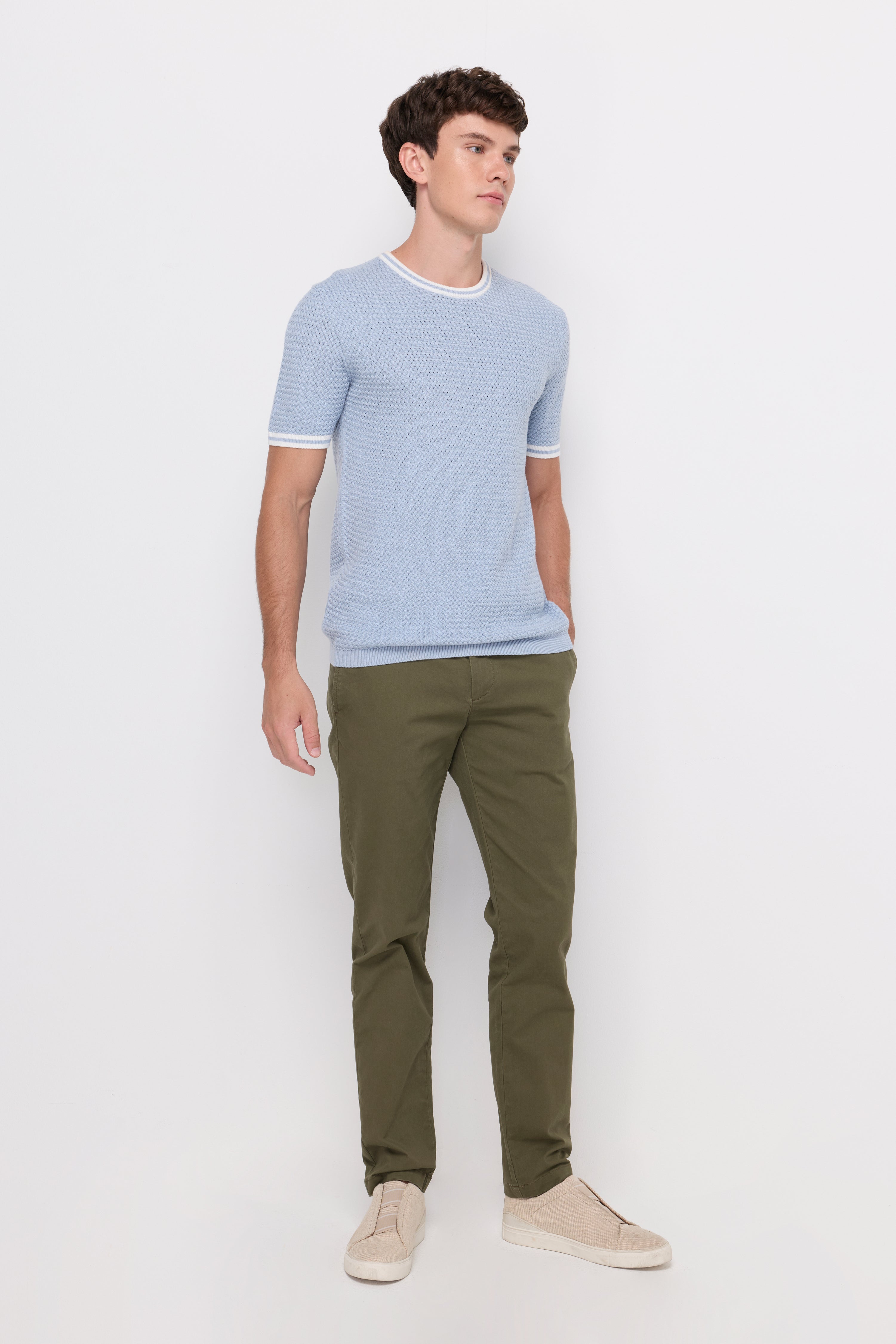 Contrast Trim Textured Knit T-Shirt Blue