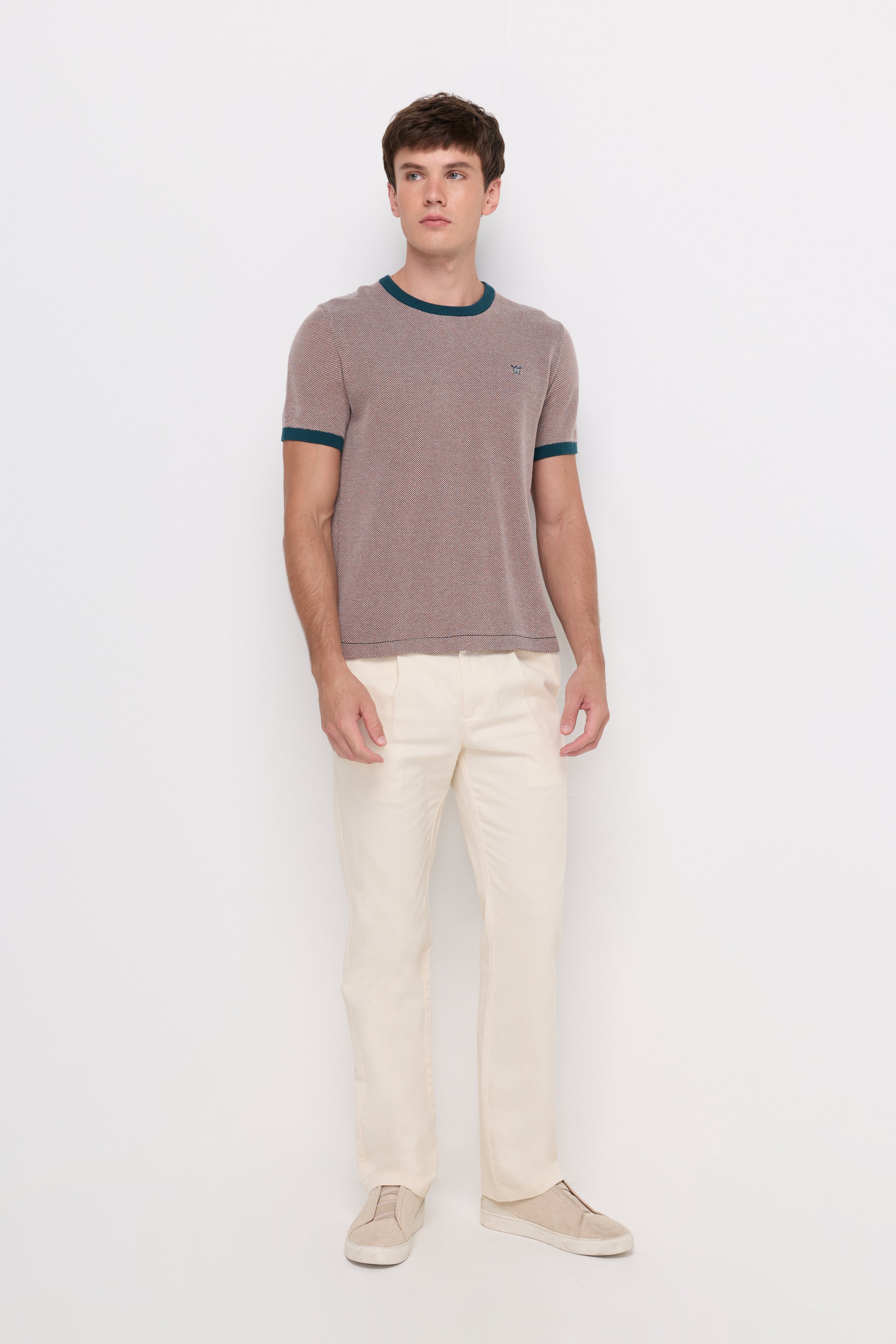 Contrast Trim Textured Knit T-Shirt Brown