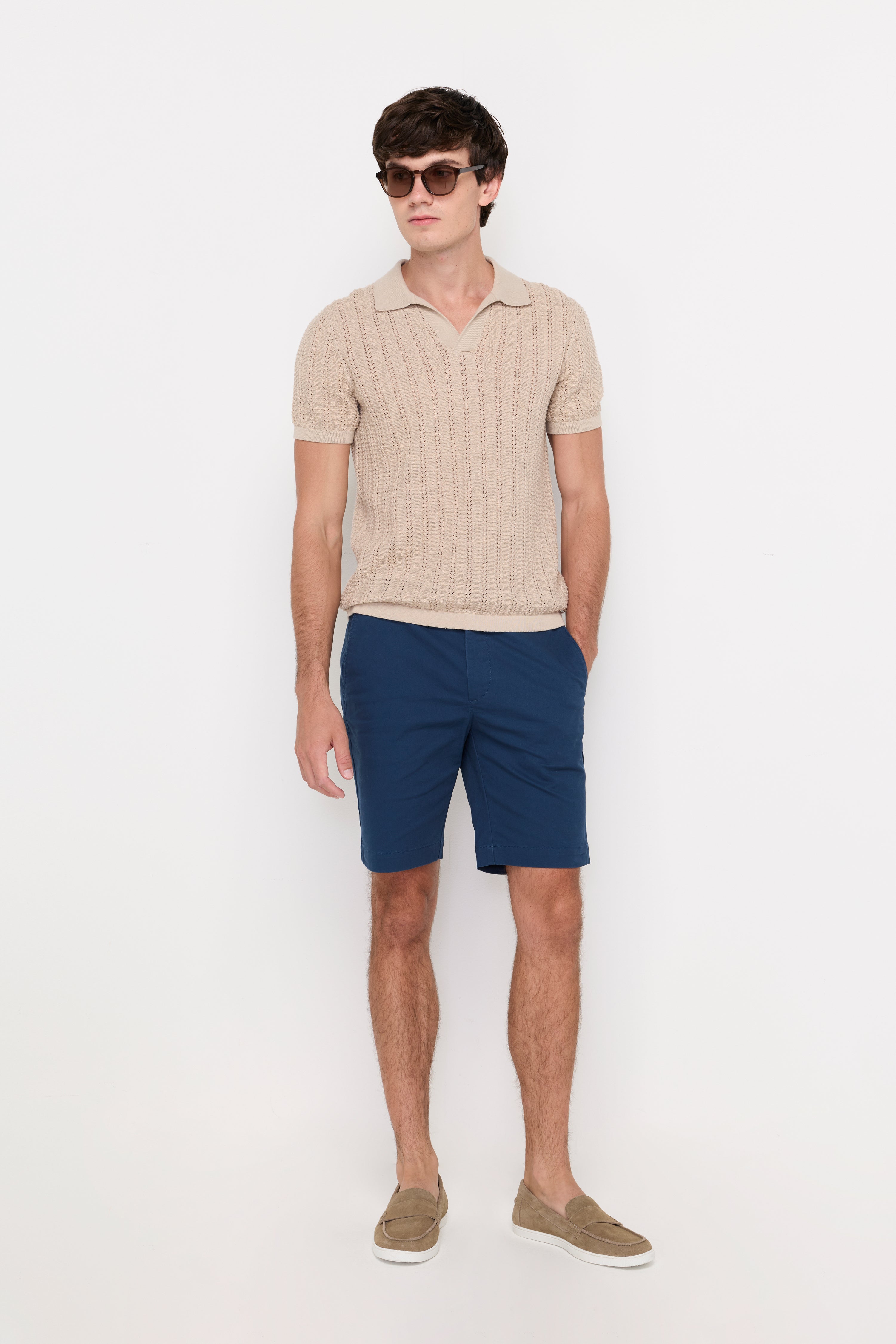 Open Knit Polo Sweater Beige