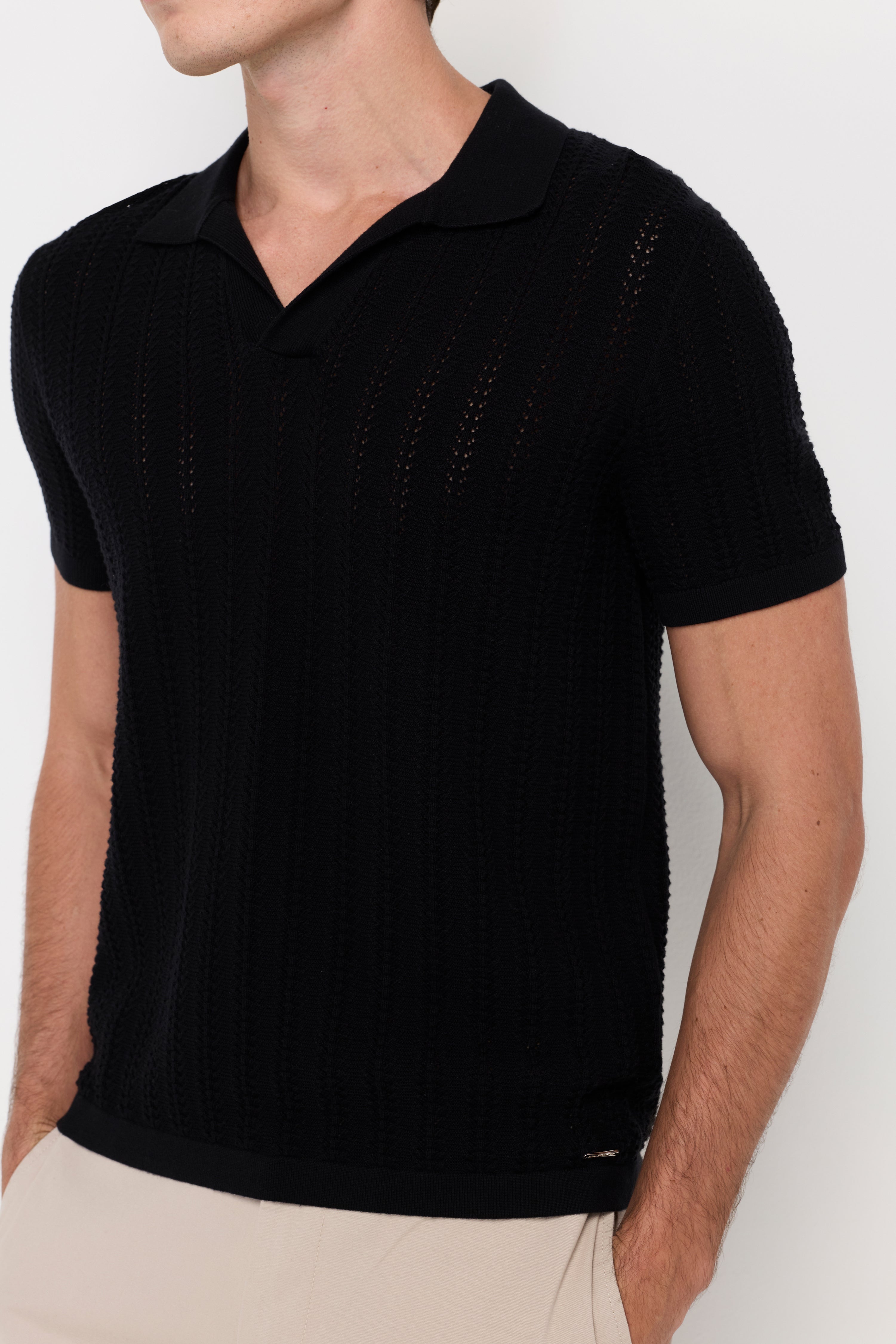 Open Knit Polo Sweater Black
