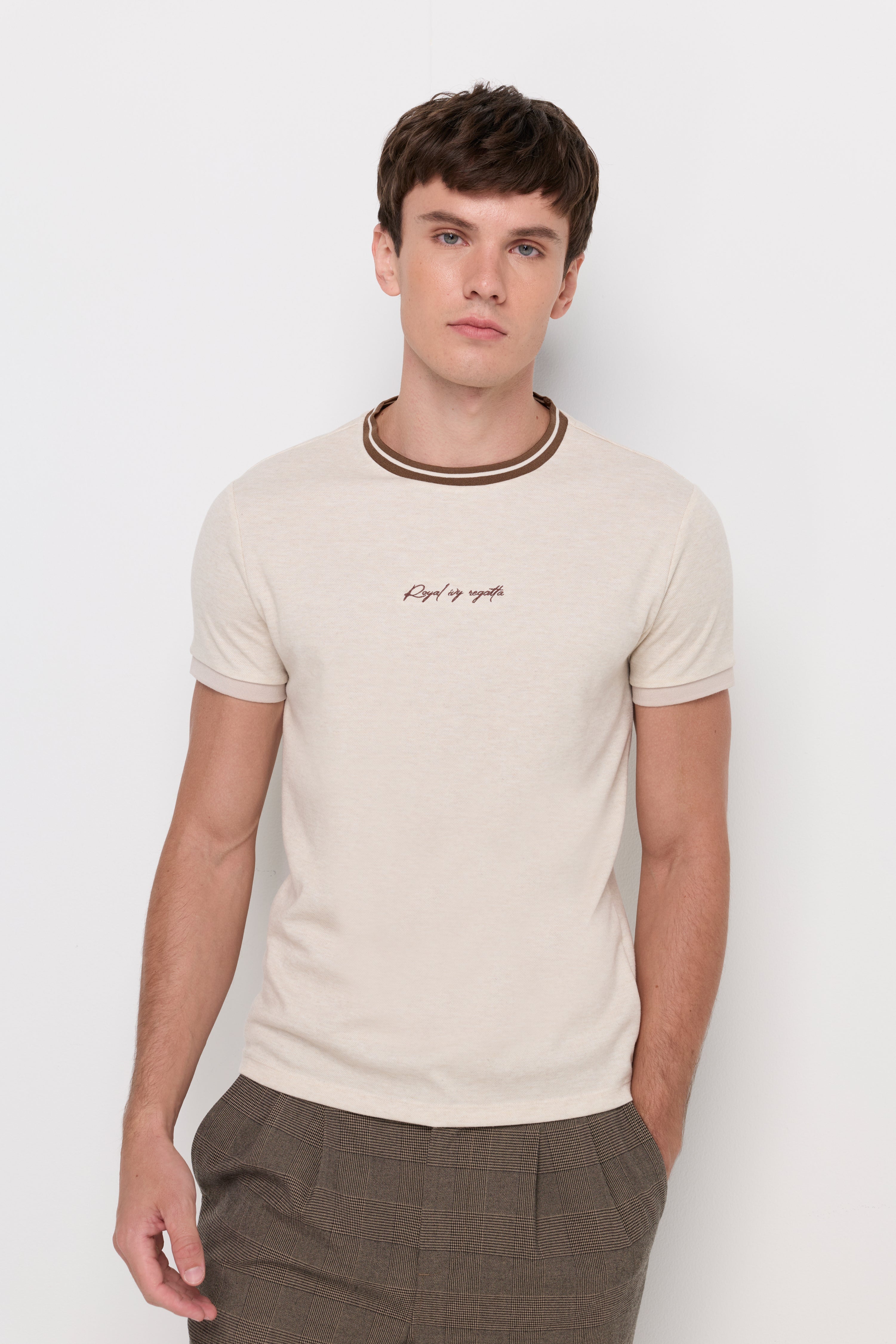 Contrast Trim Textured T-Shirt Light Beige
