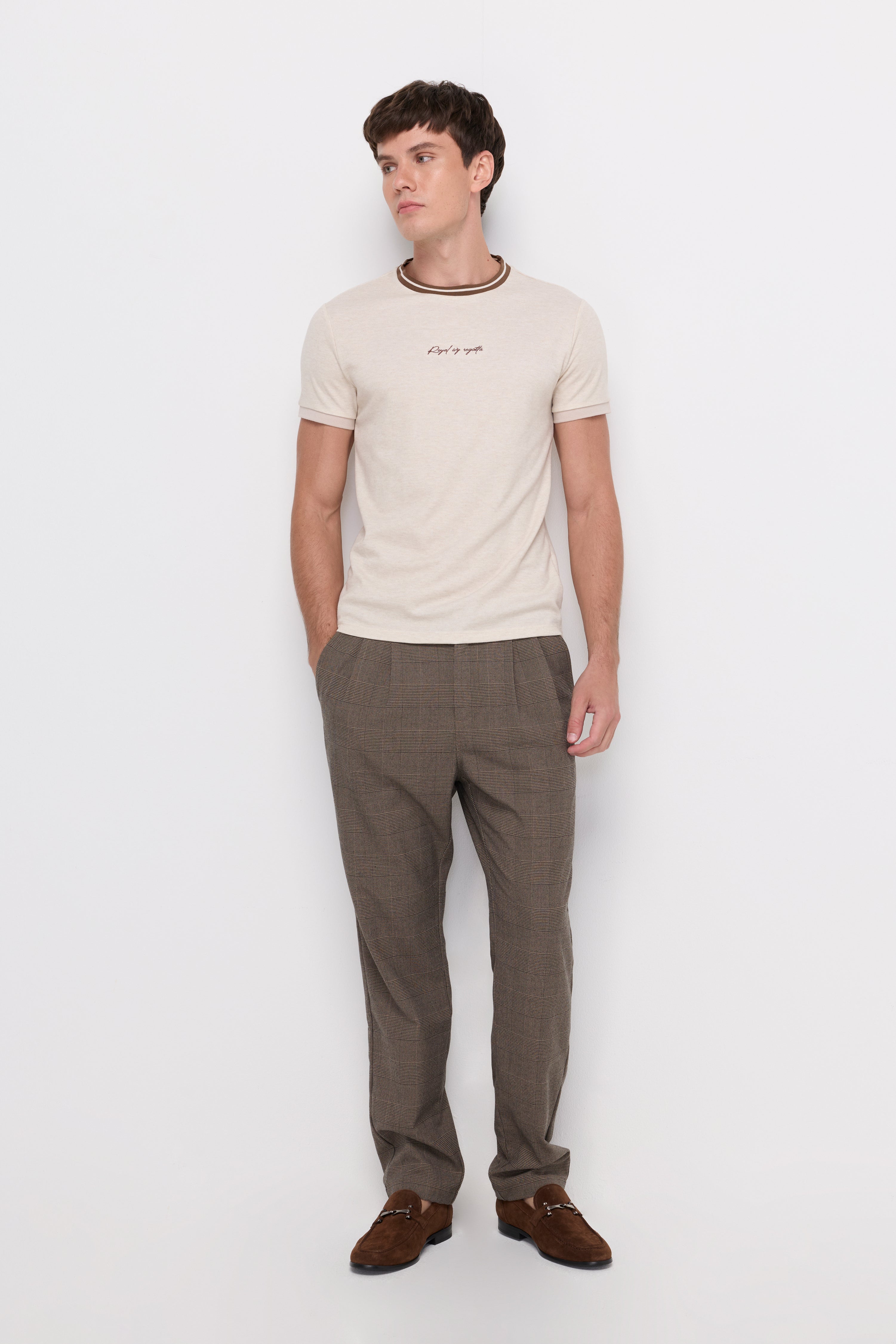 Contrast Trim Textured T-Shirt Light Beige