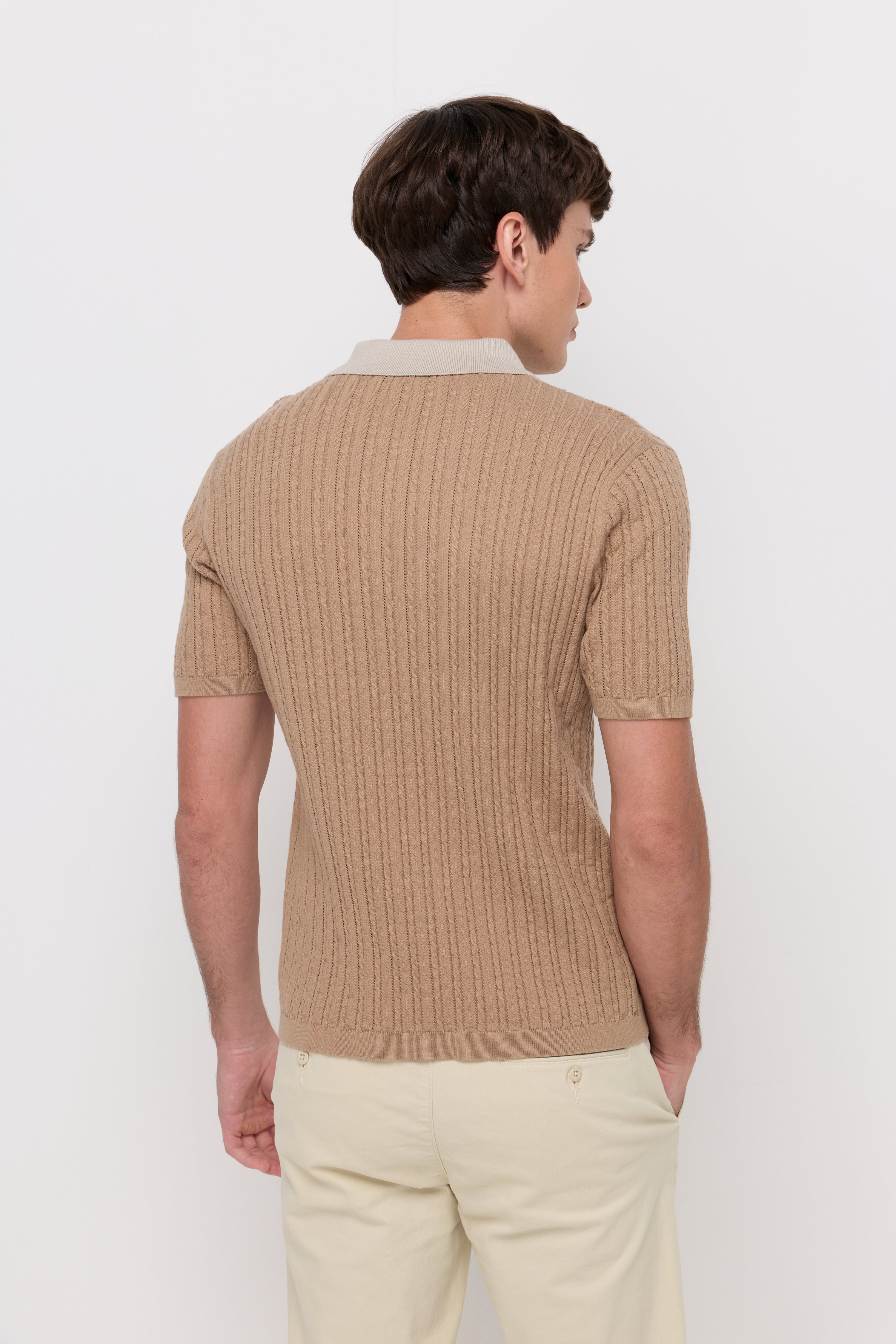 Textured Knit Panel Polo Brown