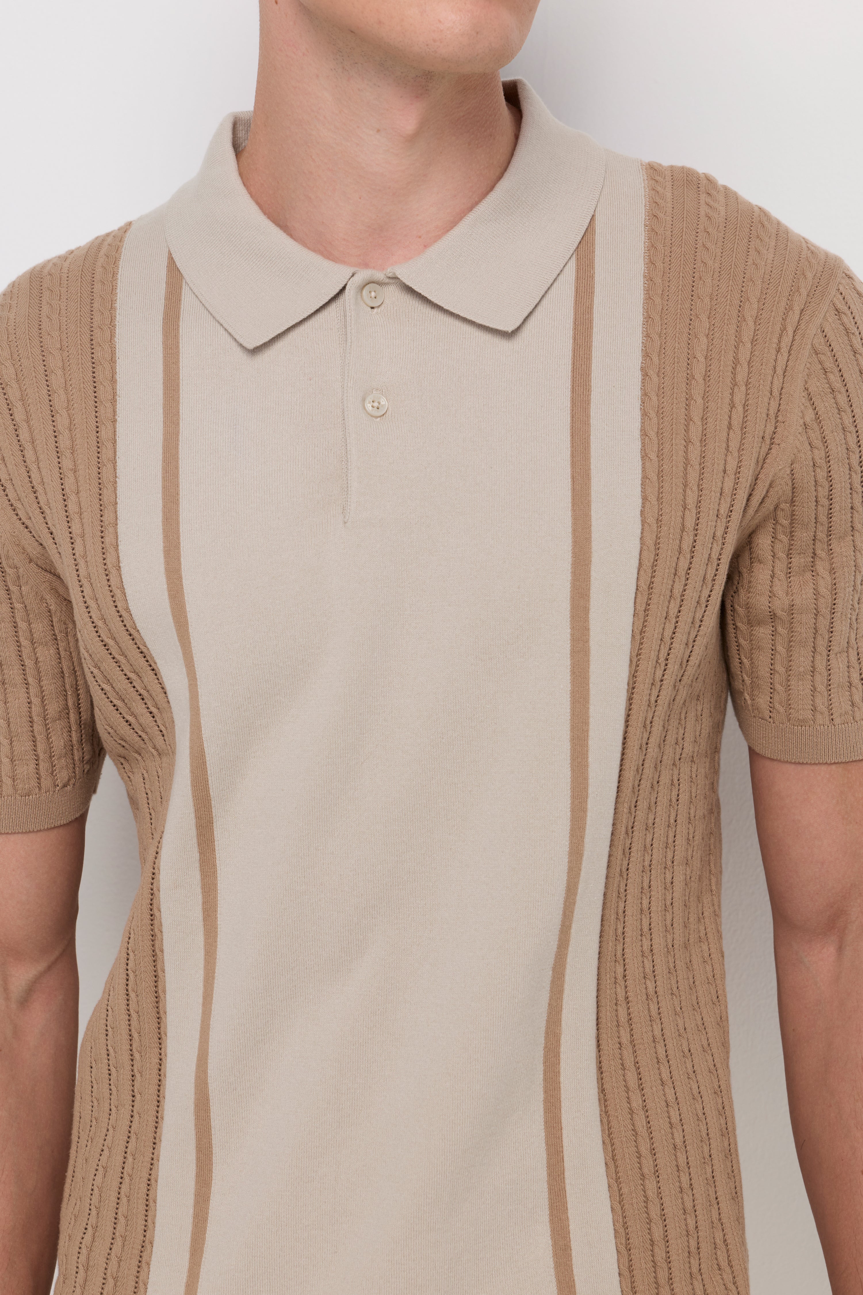 Textured Knit Panel Polo Brown