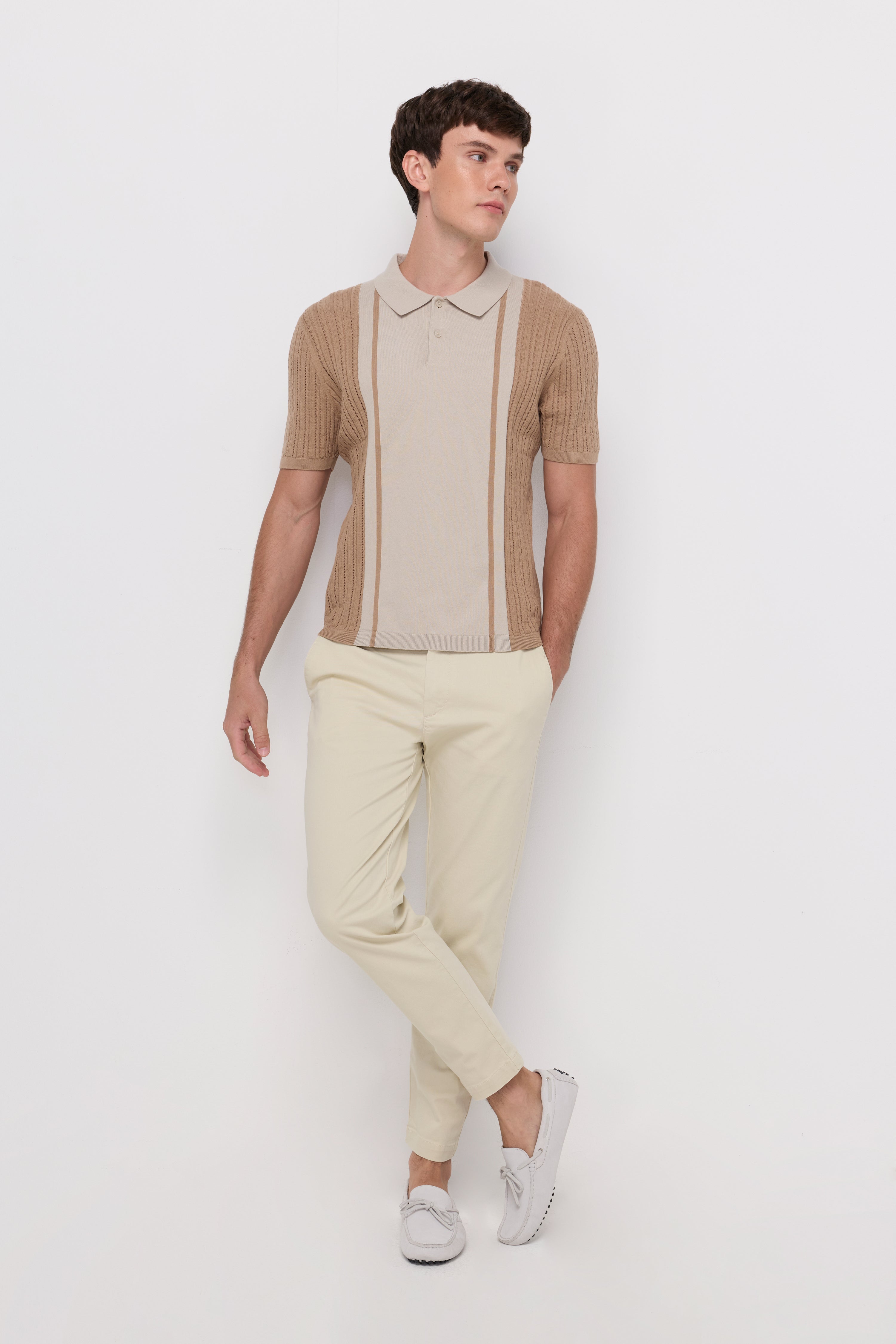 Textured Knit Panel Polo Brown