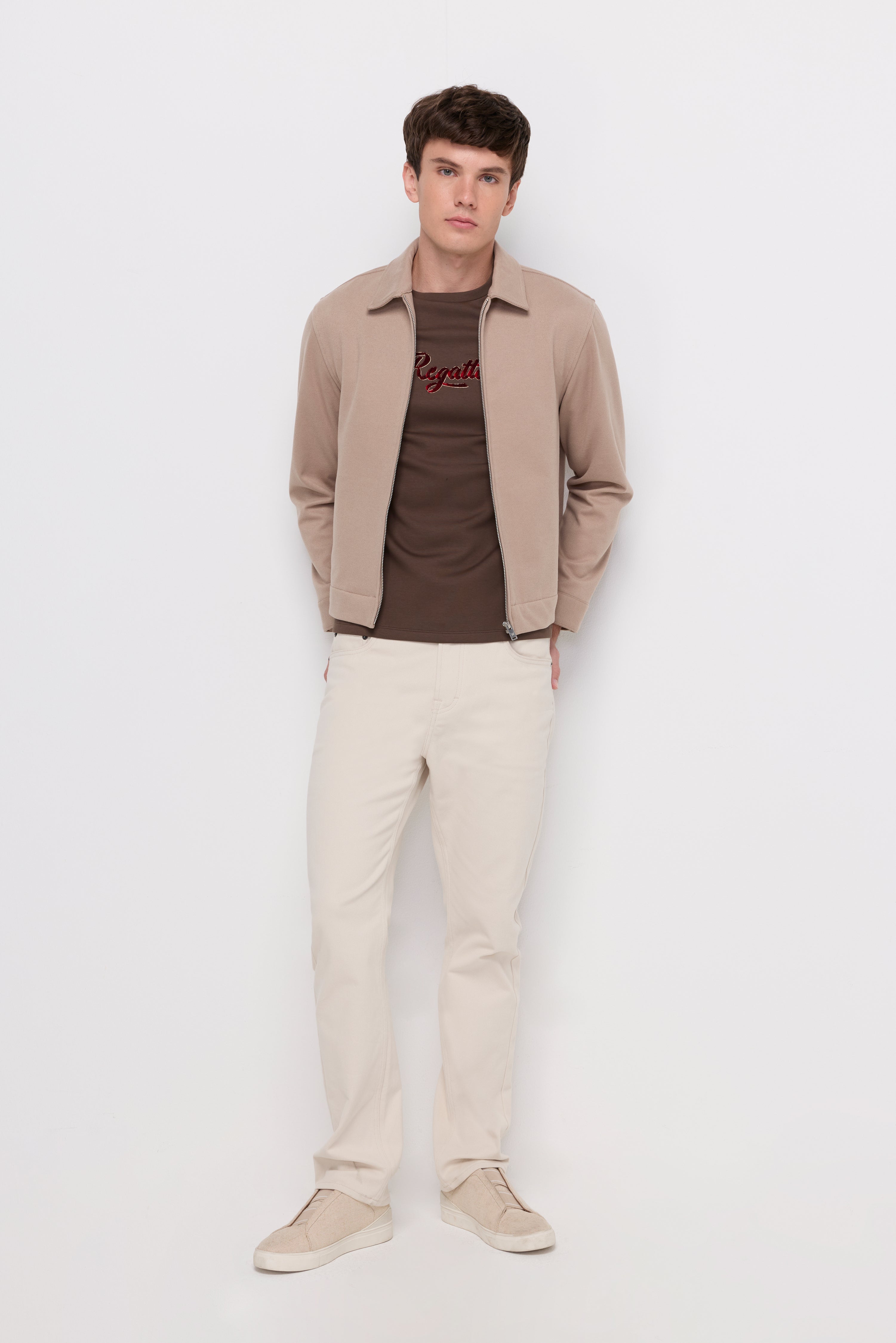 Textured Zip-Front Harrington Jacket Beige