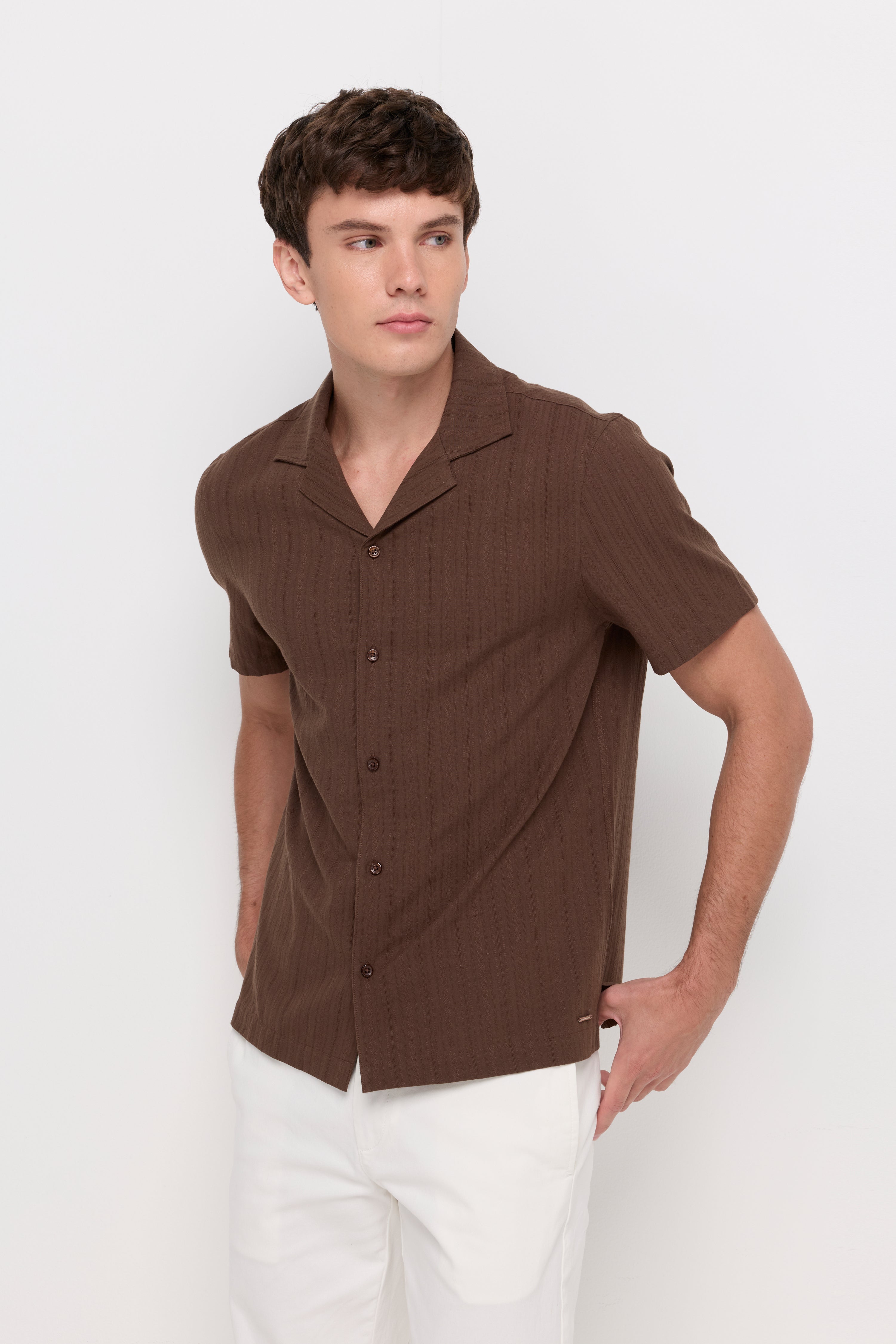Textured Camp Collar Shirt Brown