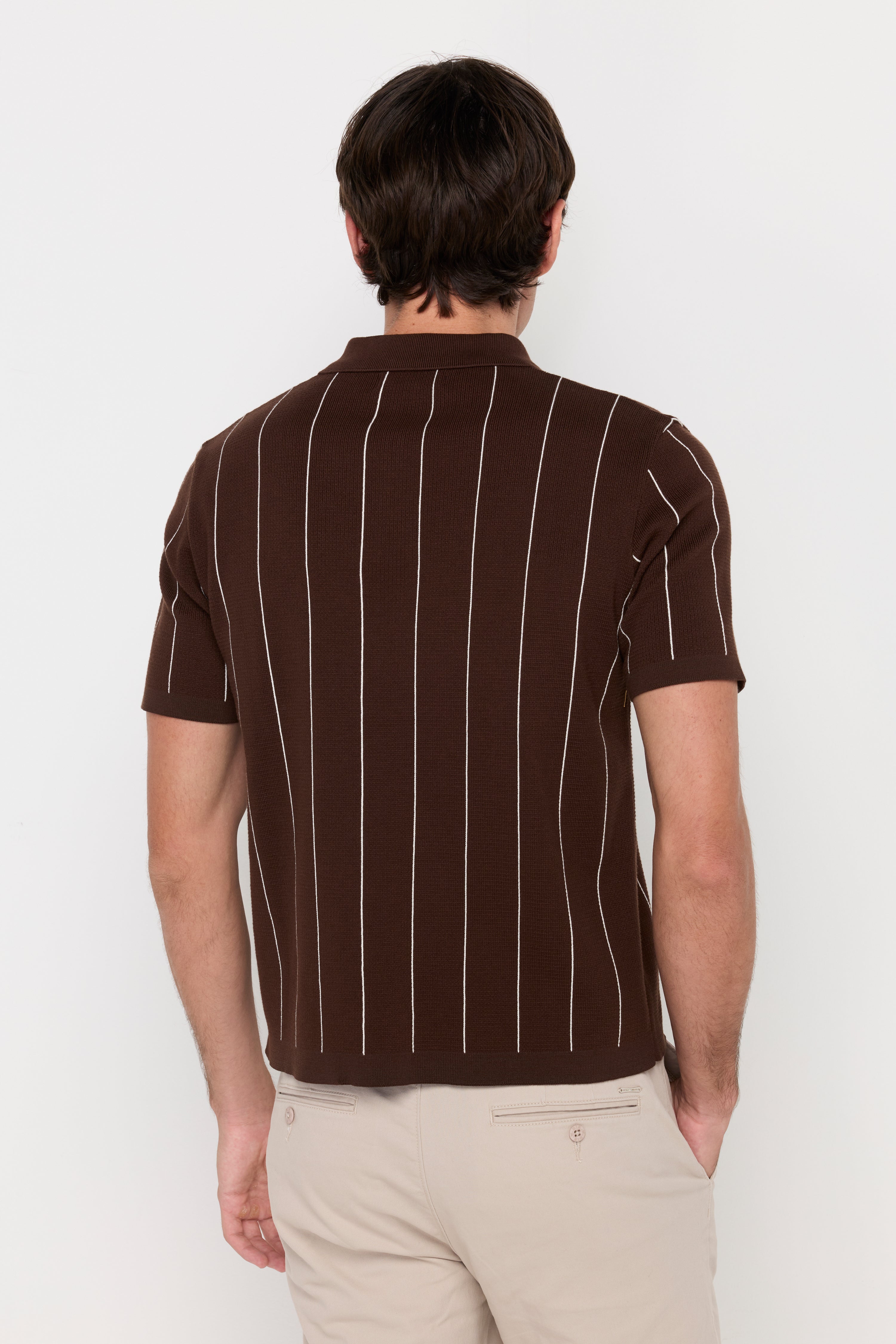 Vertical Stripe Textured Knit Polo Striped Brown