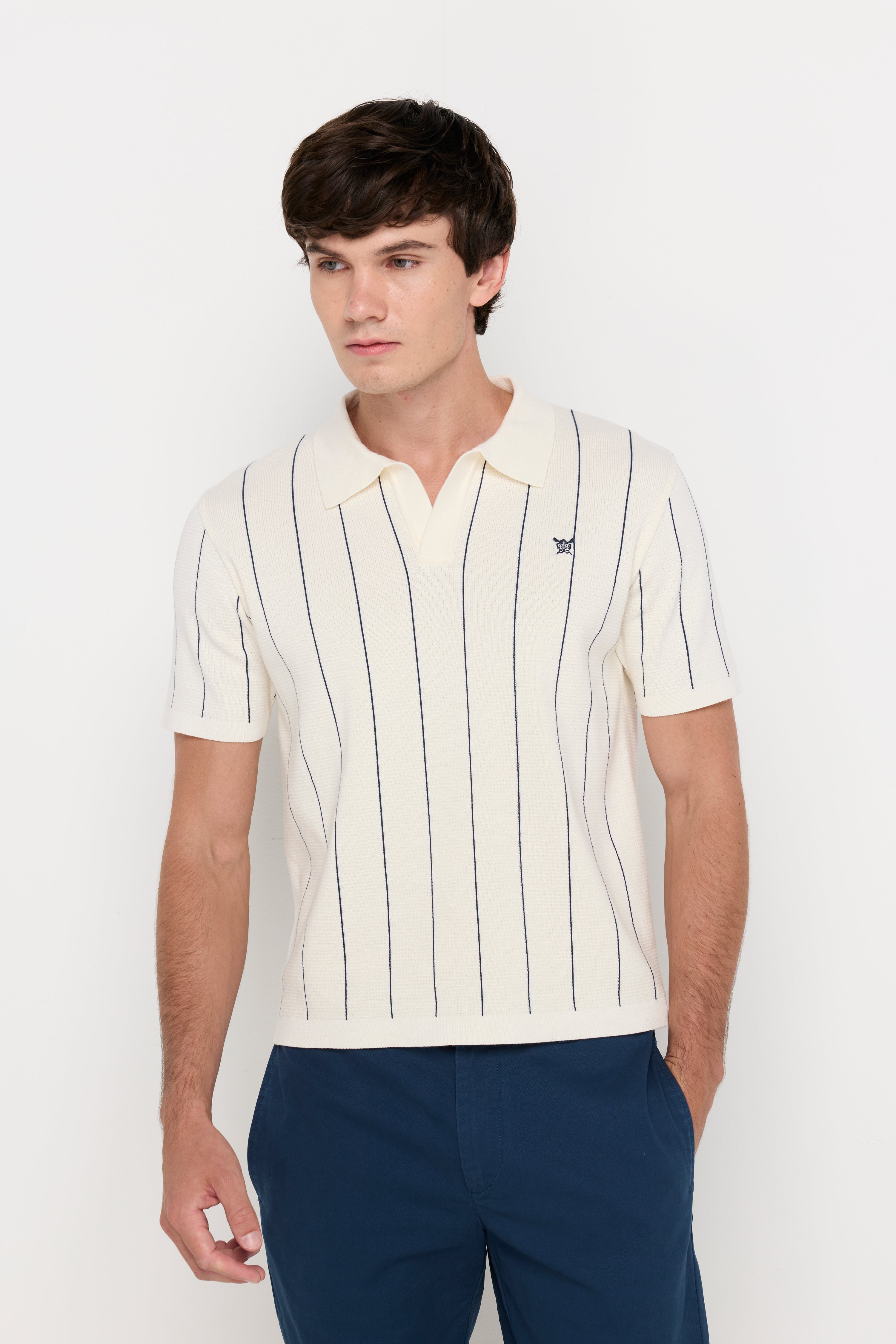 Vertical Stripe Textured Knit Polo Striped Off-White