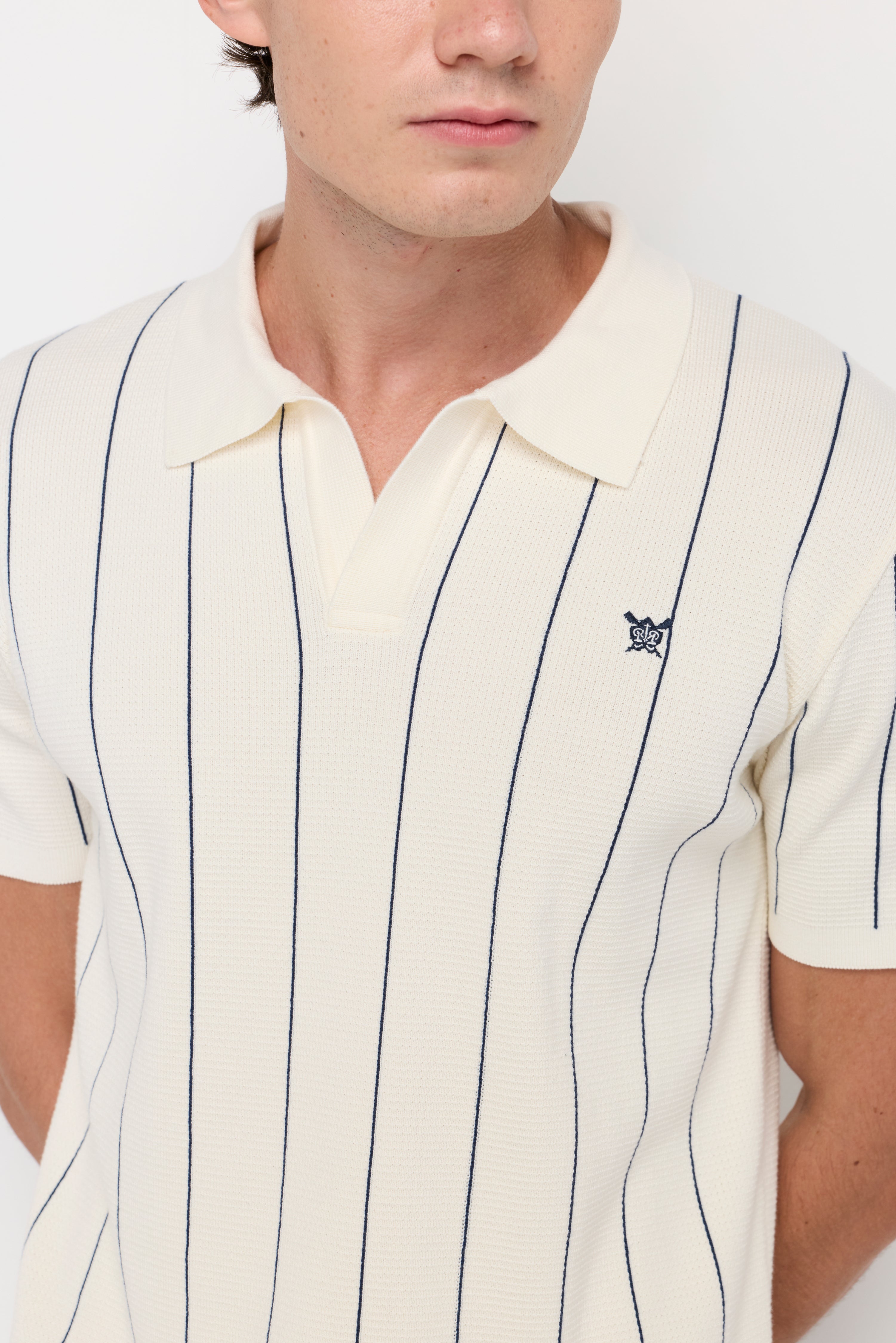 Vertical Stripe Textured Knit Polo Striped Off-White