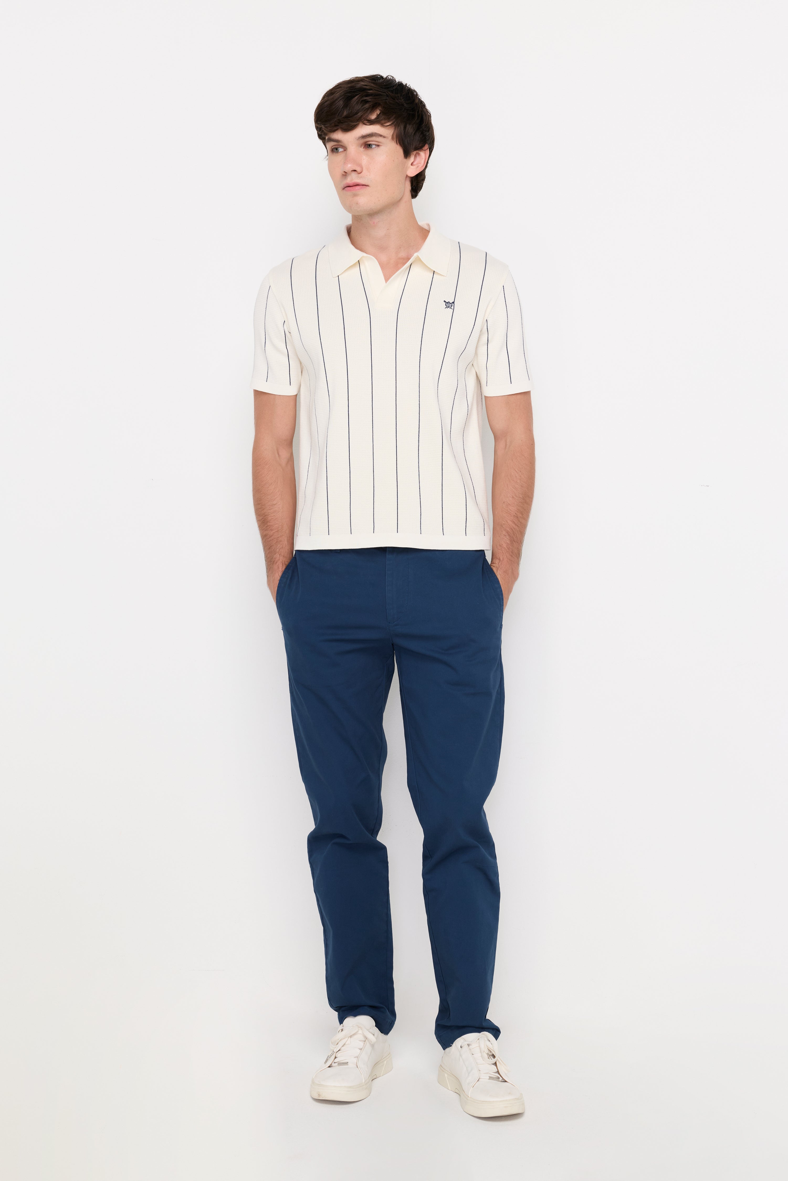 Vertical Stripe Textured Knit Polo Striped Off-White