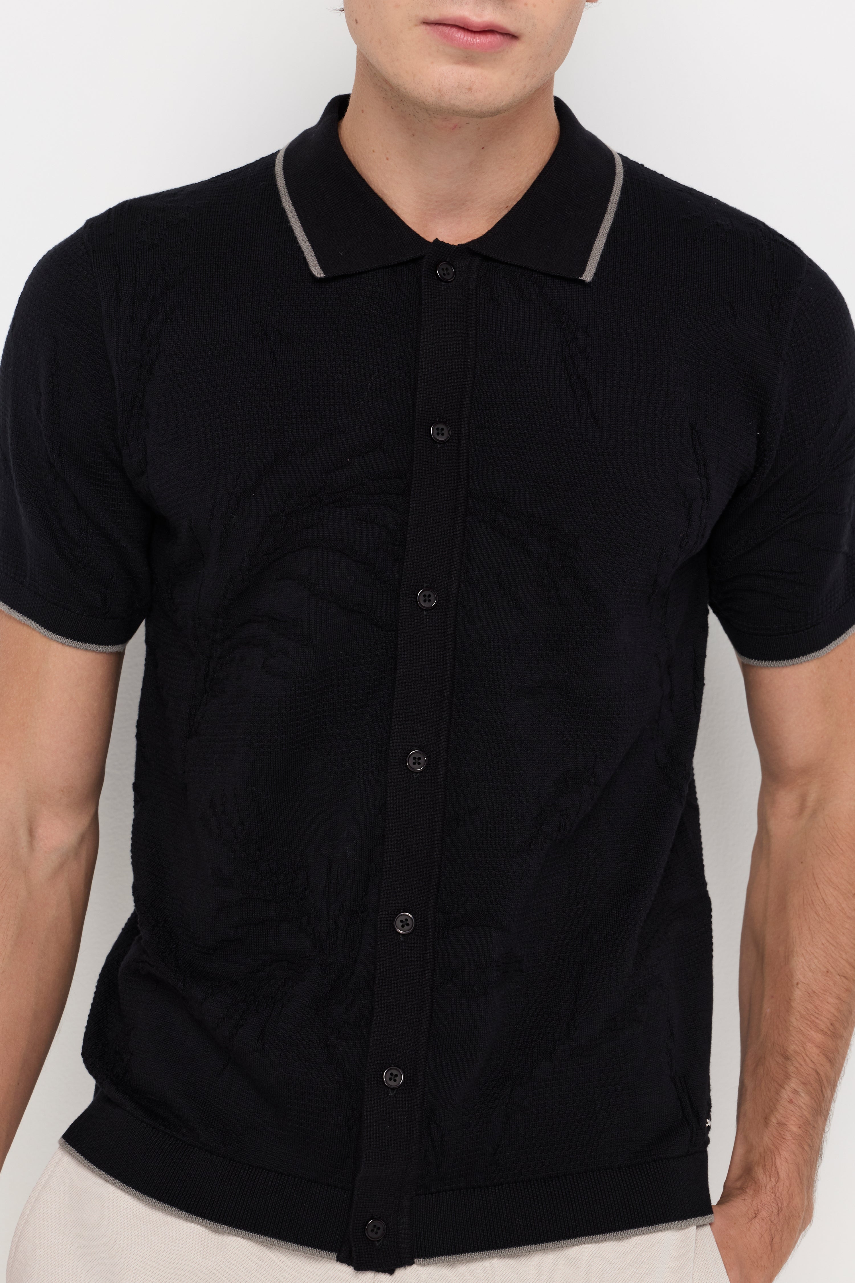 Contrast Trim Knit Cardigan Polo Black