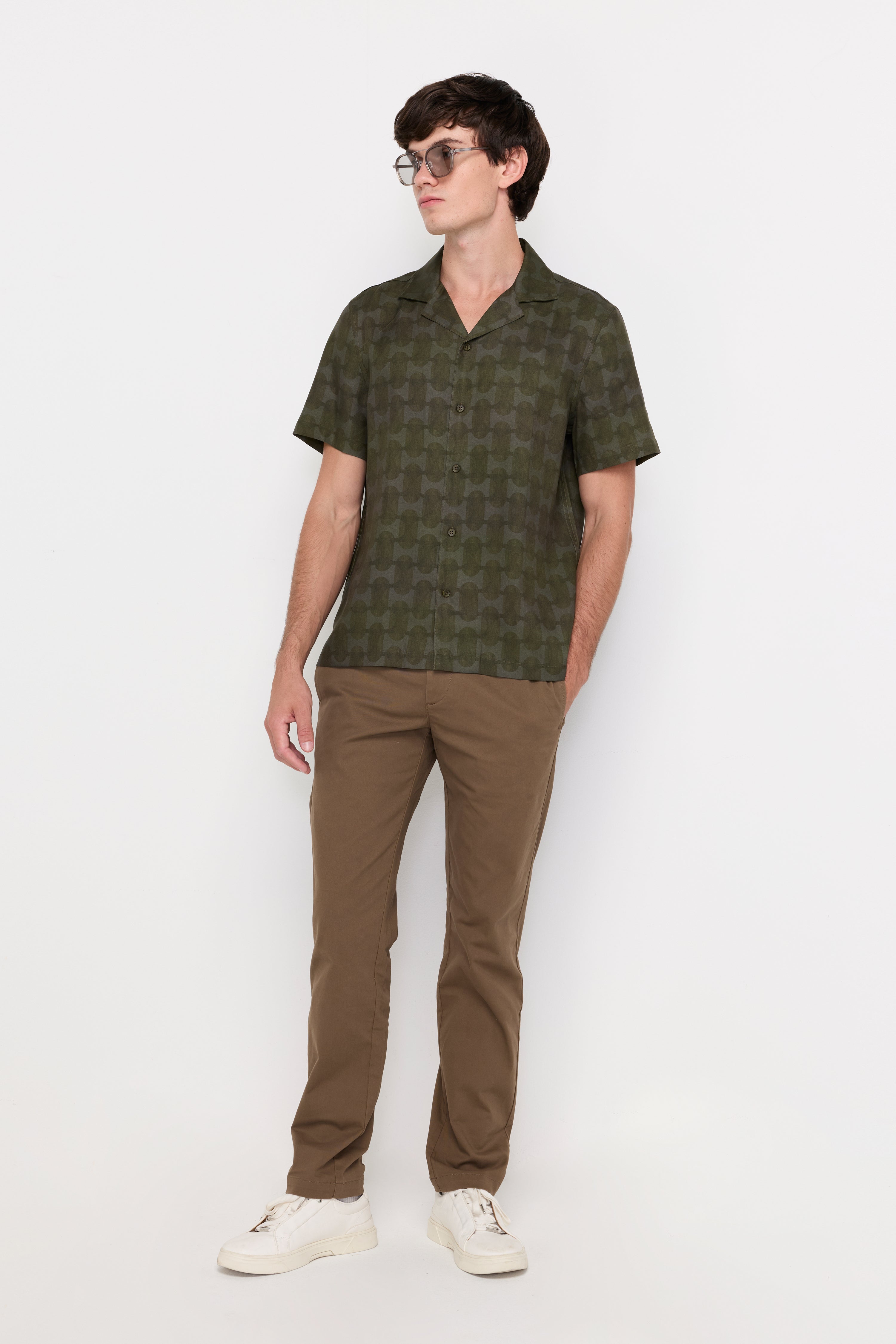 Tonal Geometric Camp-Collar Shirt Dark Green