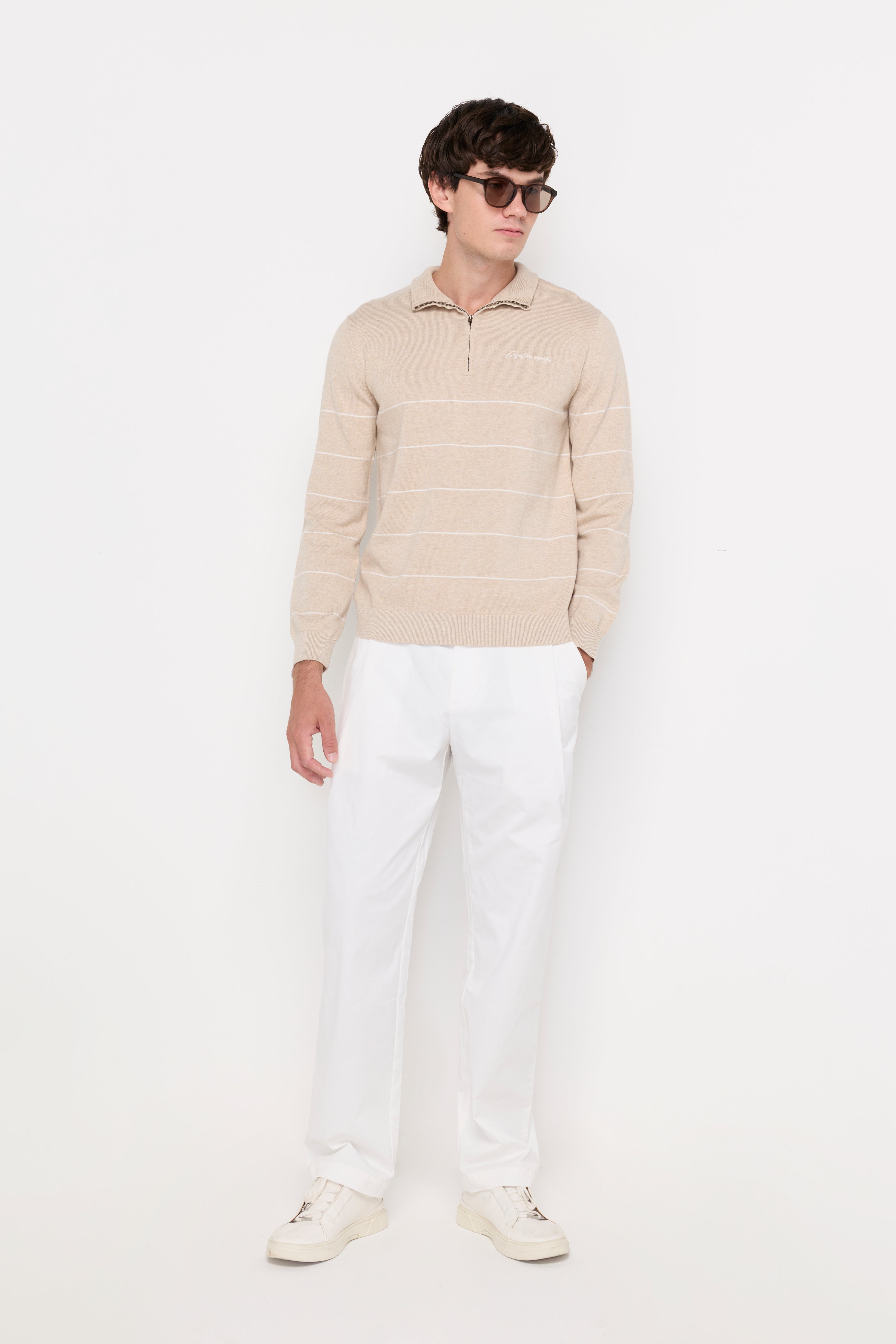 Contrast Stripe Half-Zip Knit Pullover Top Dyed Beige