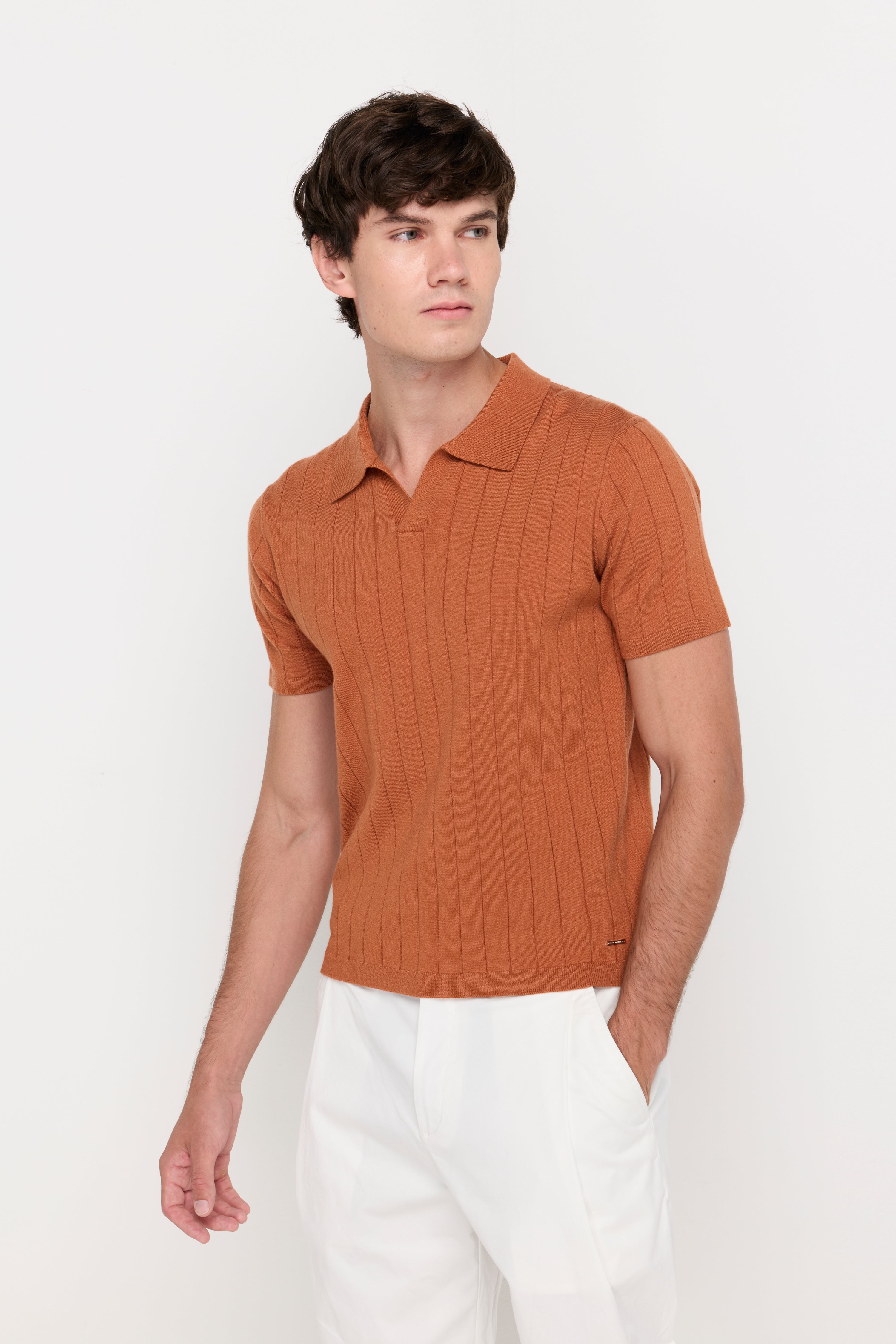 Vertical Textured Knit Polo Orange