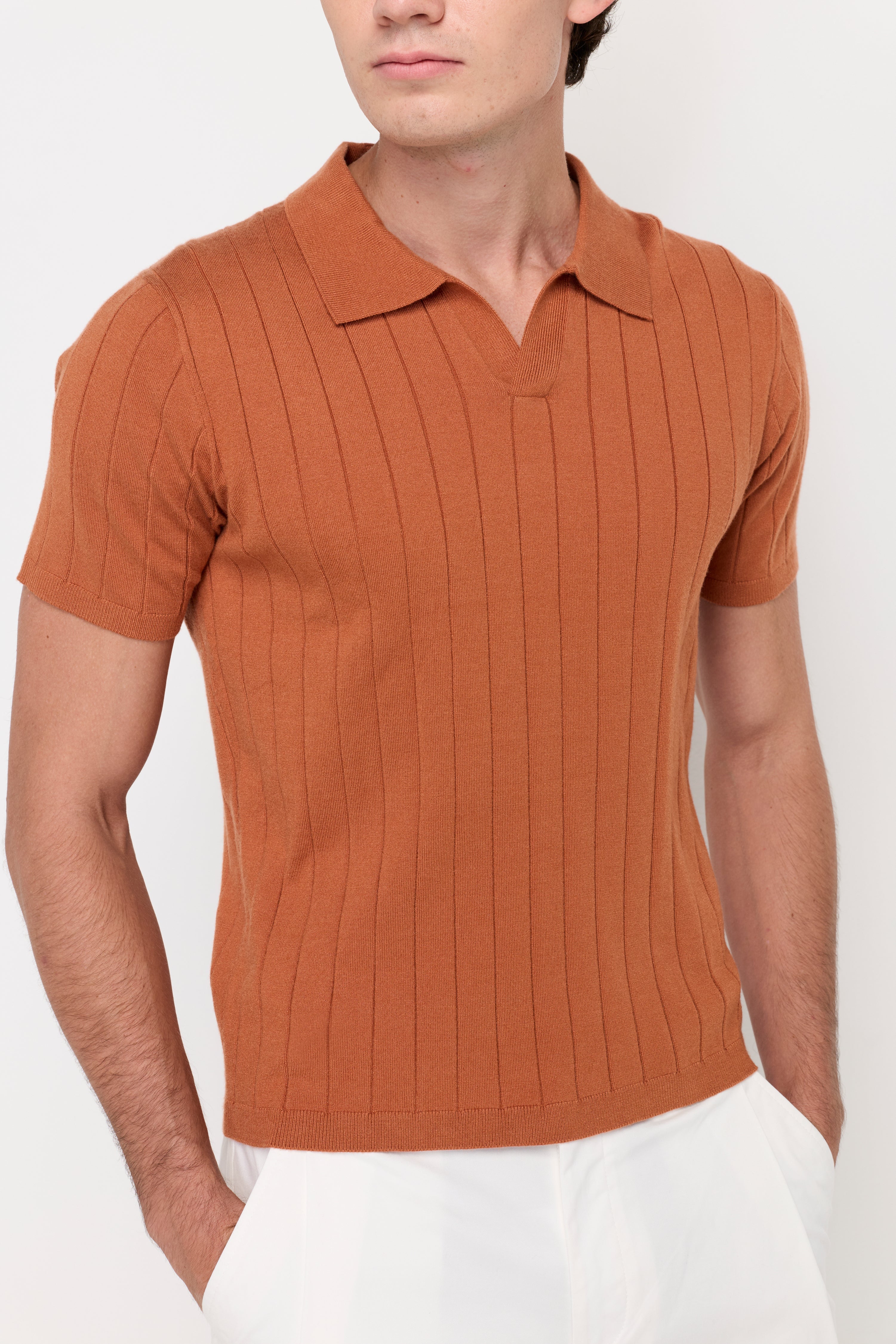 Vertical Textured Knit Polo Orange