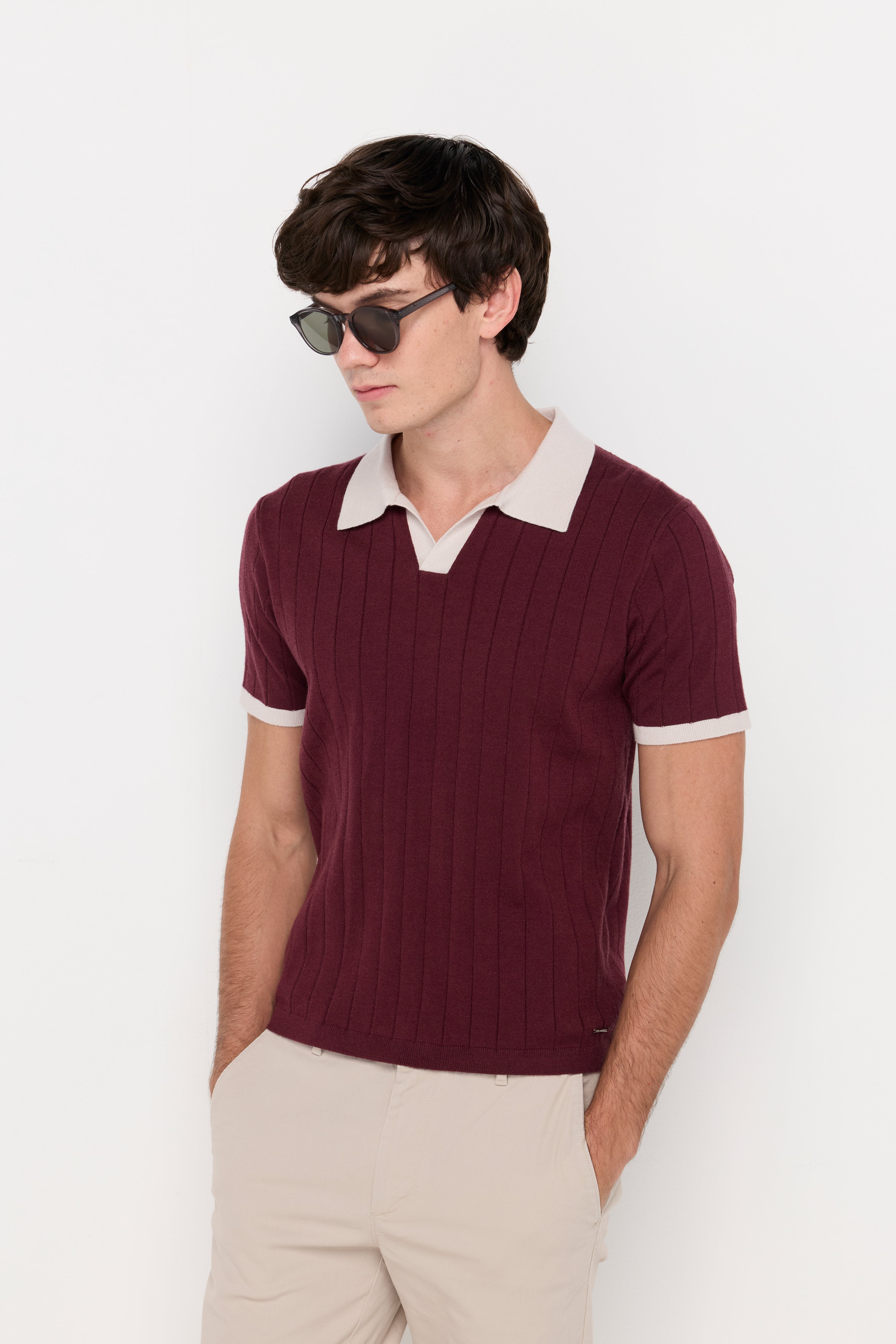 Vertical Textured Knit Polo Maroon