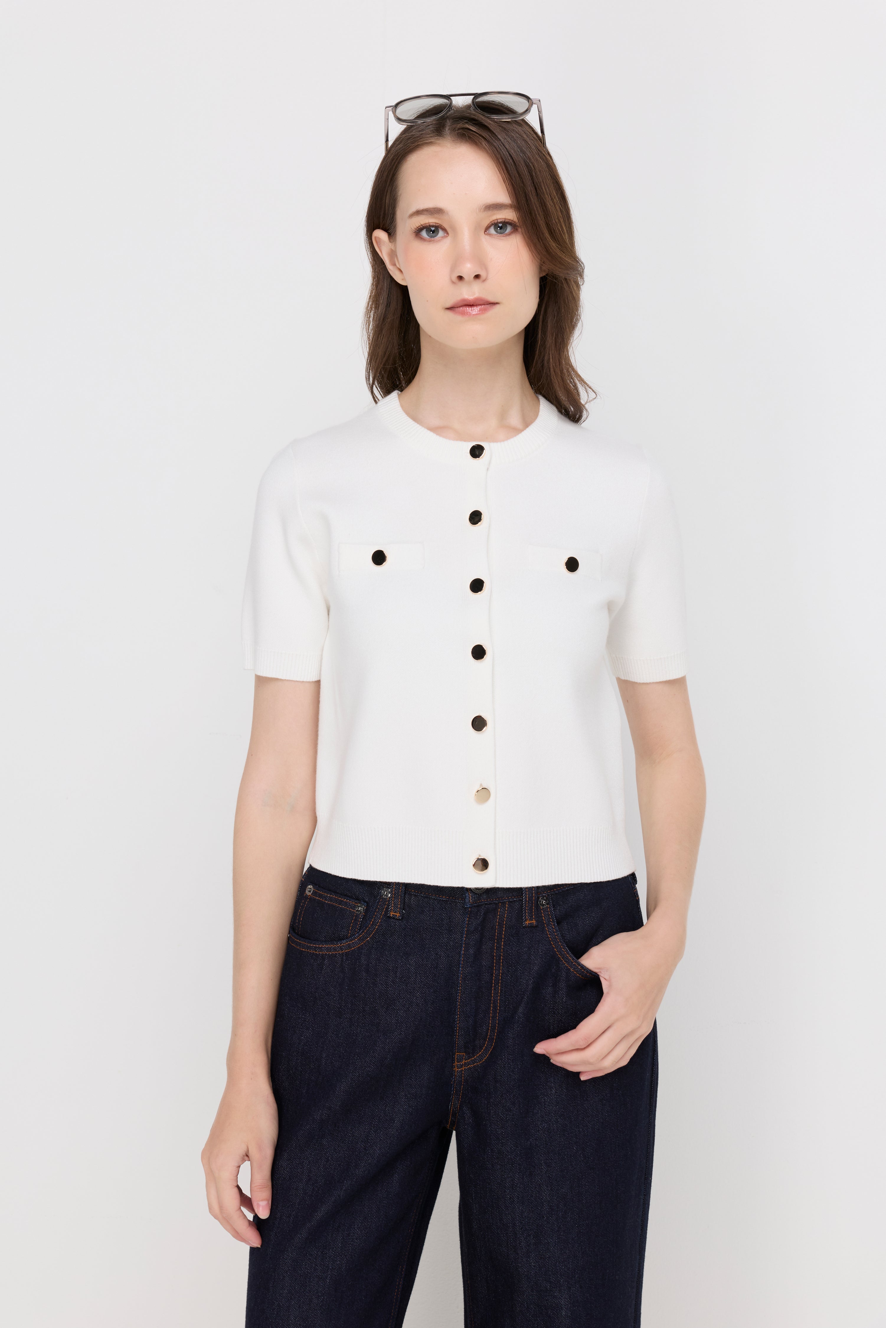Button Detail Knit Cardigan Top Off-White