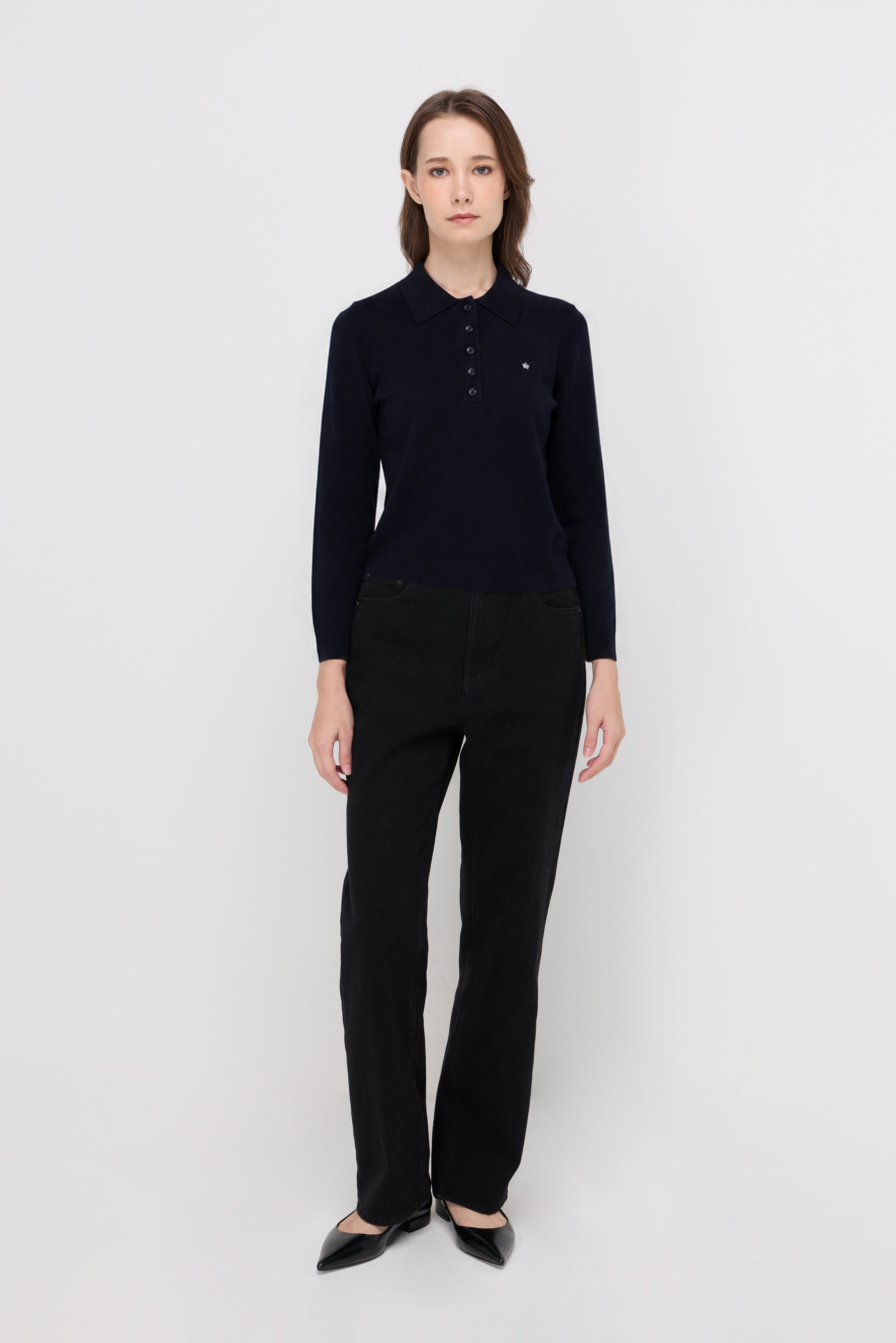 Embroidered Knit Polo Sweater Navy