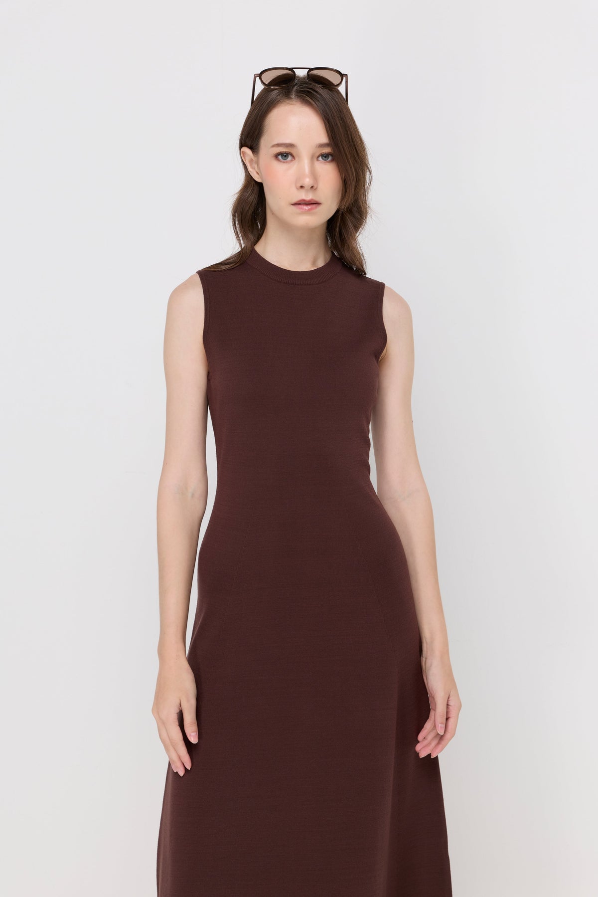 Sleeveless Knit A-Line Midi Dress Dark Brown