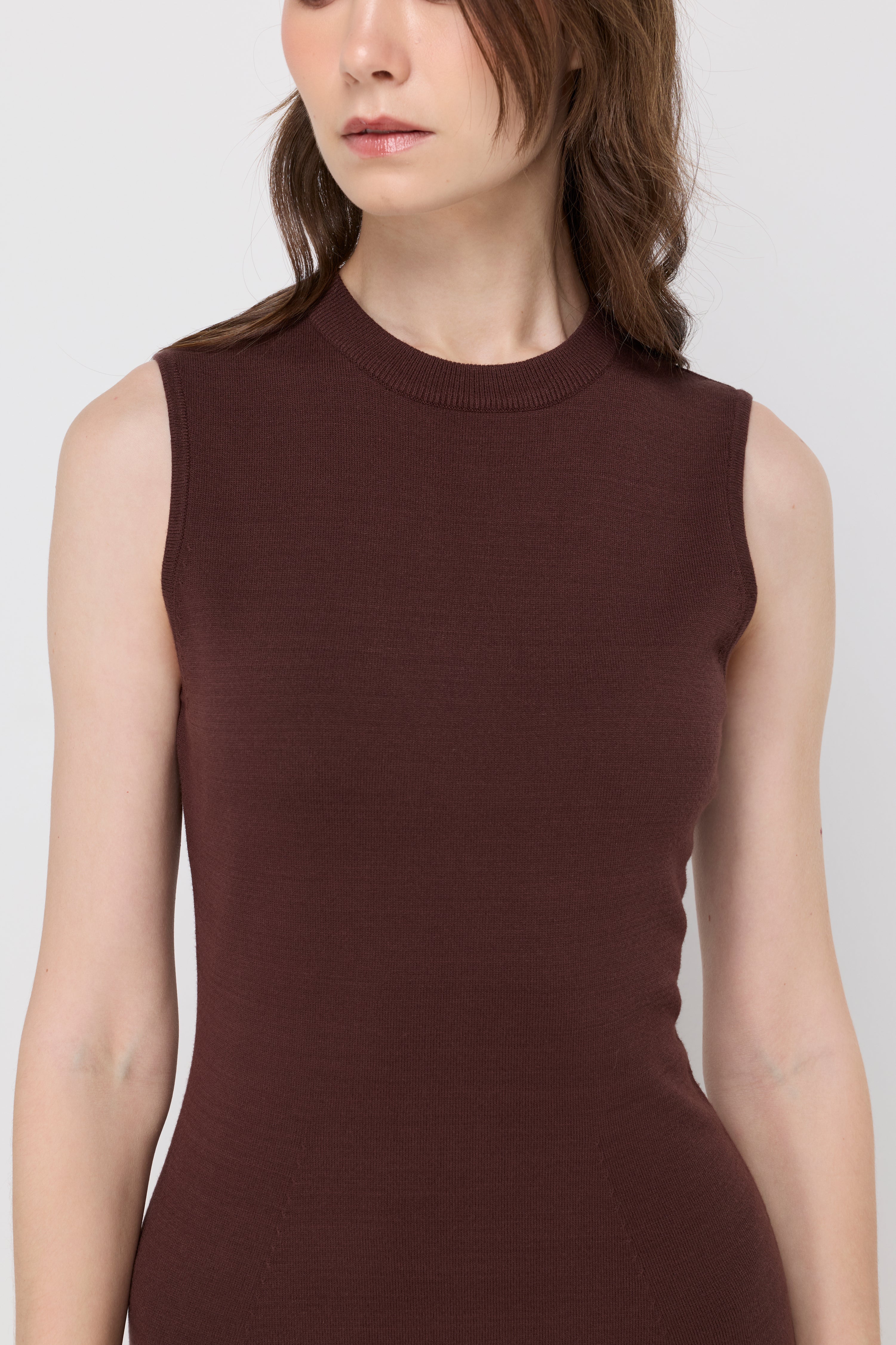 Sleeveless Knit A-Line Midi Dress Dark Brown