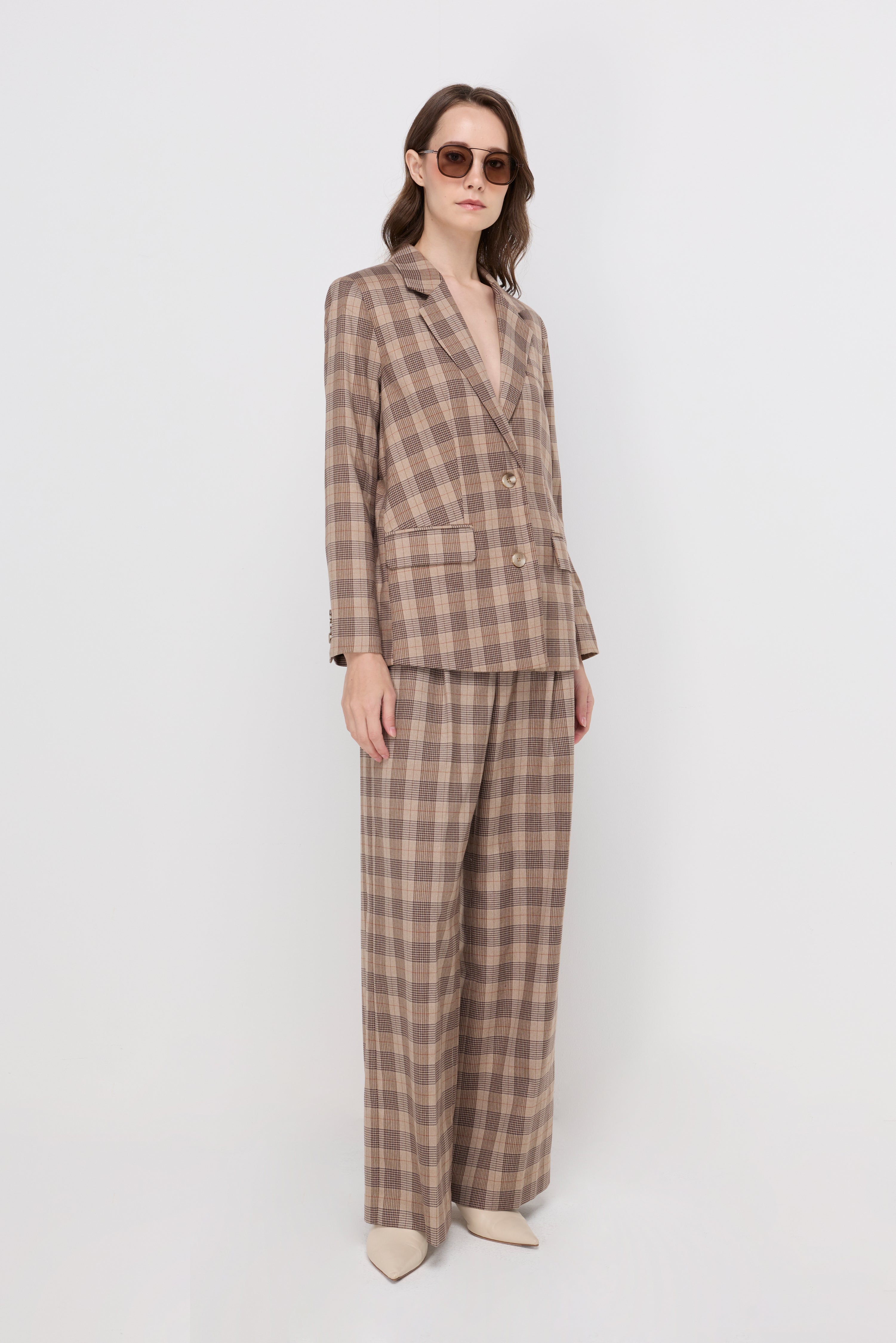 Checked Double-Breasted Blazer Check Brown