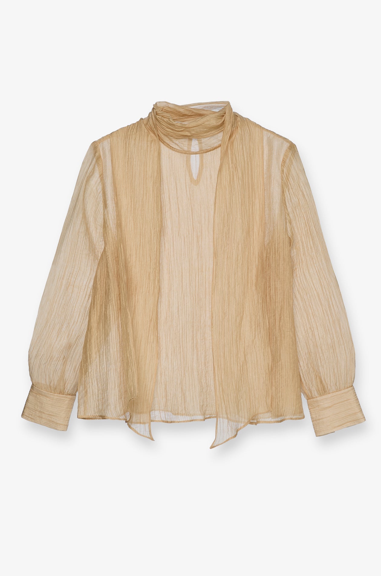 Crinkled Sheer Tie-Neck Blouse Brown