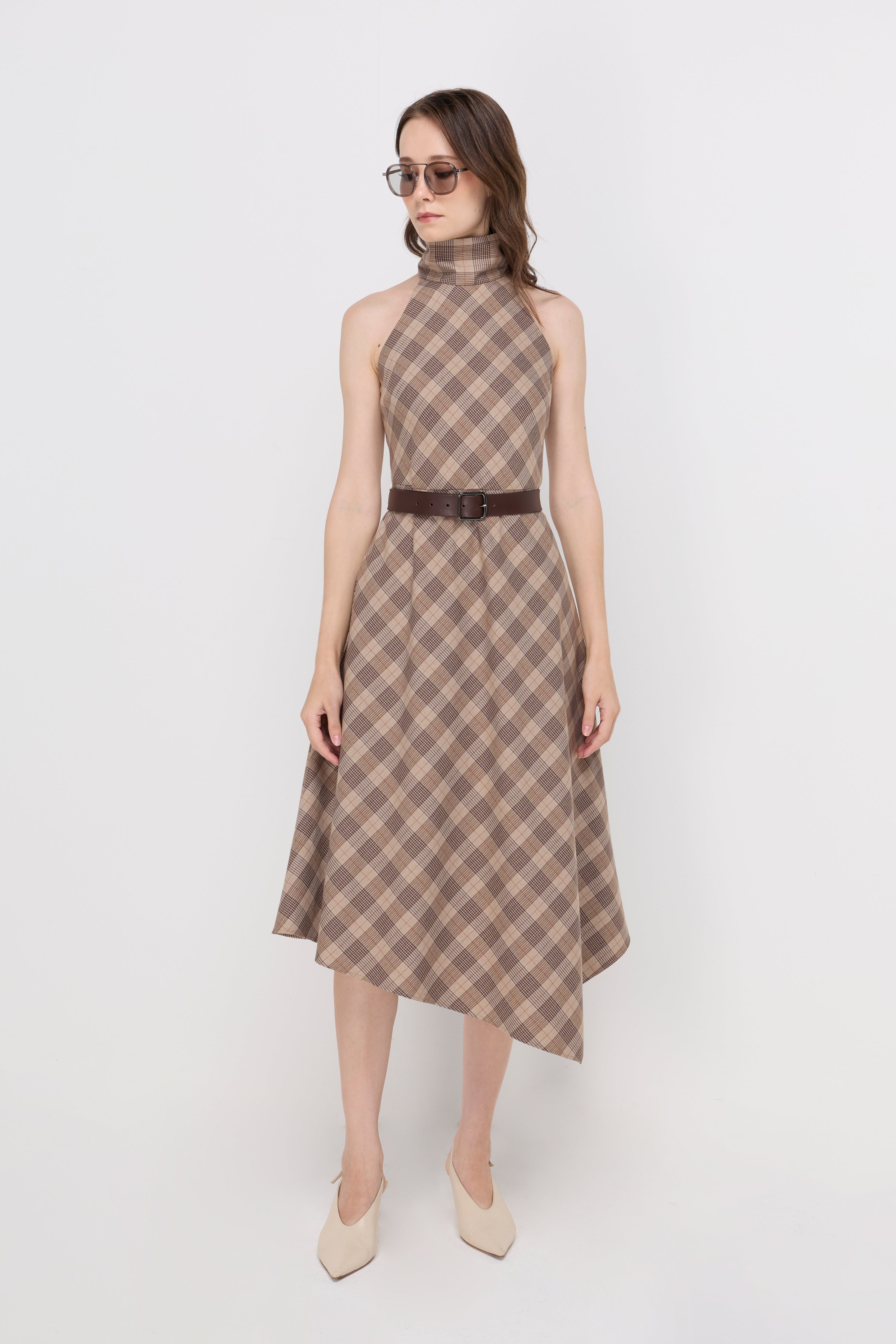 Elegant Belted Midi Dress Check Brown